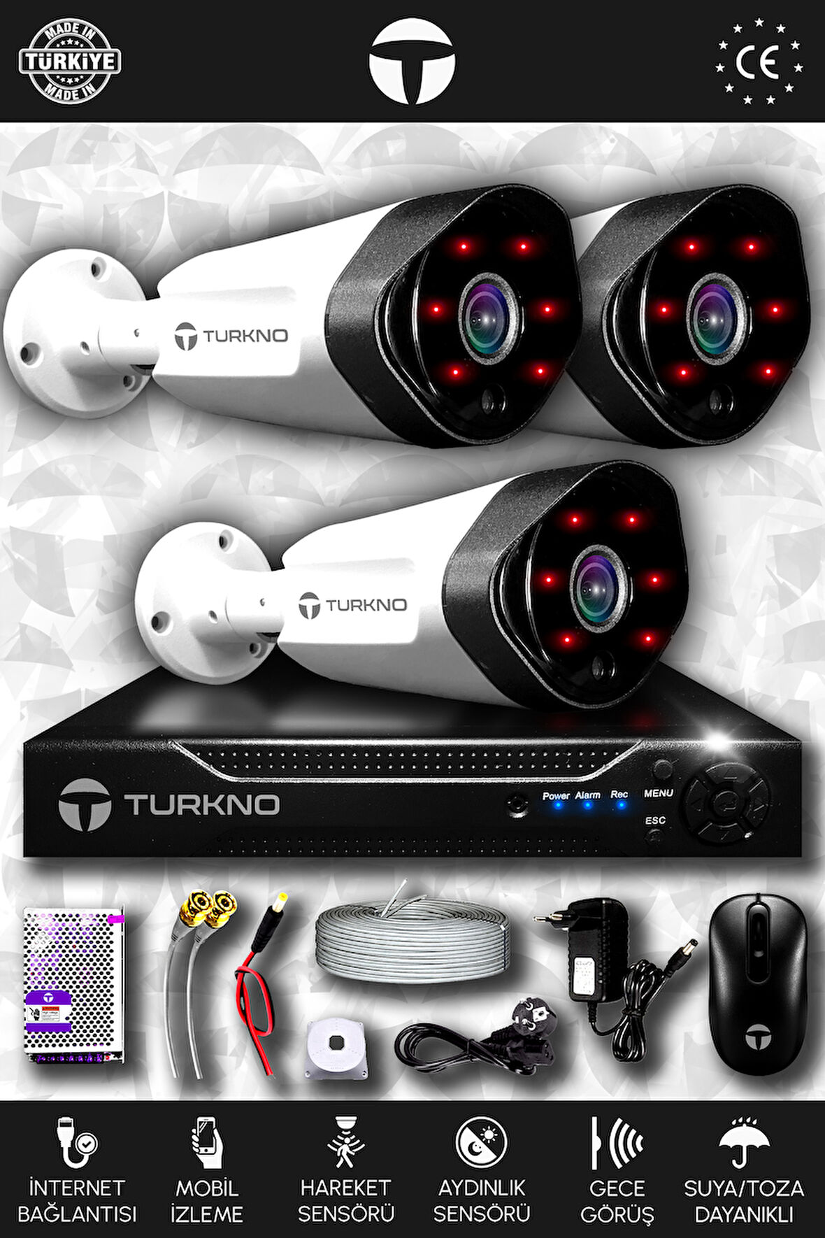 TURKNO 3 Kameralı Galia 3 Dış Kamera Set HDD'siz Full HD Gece Görüşlü Güvenlik Kamerası Sistemi