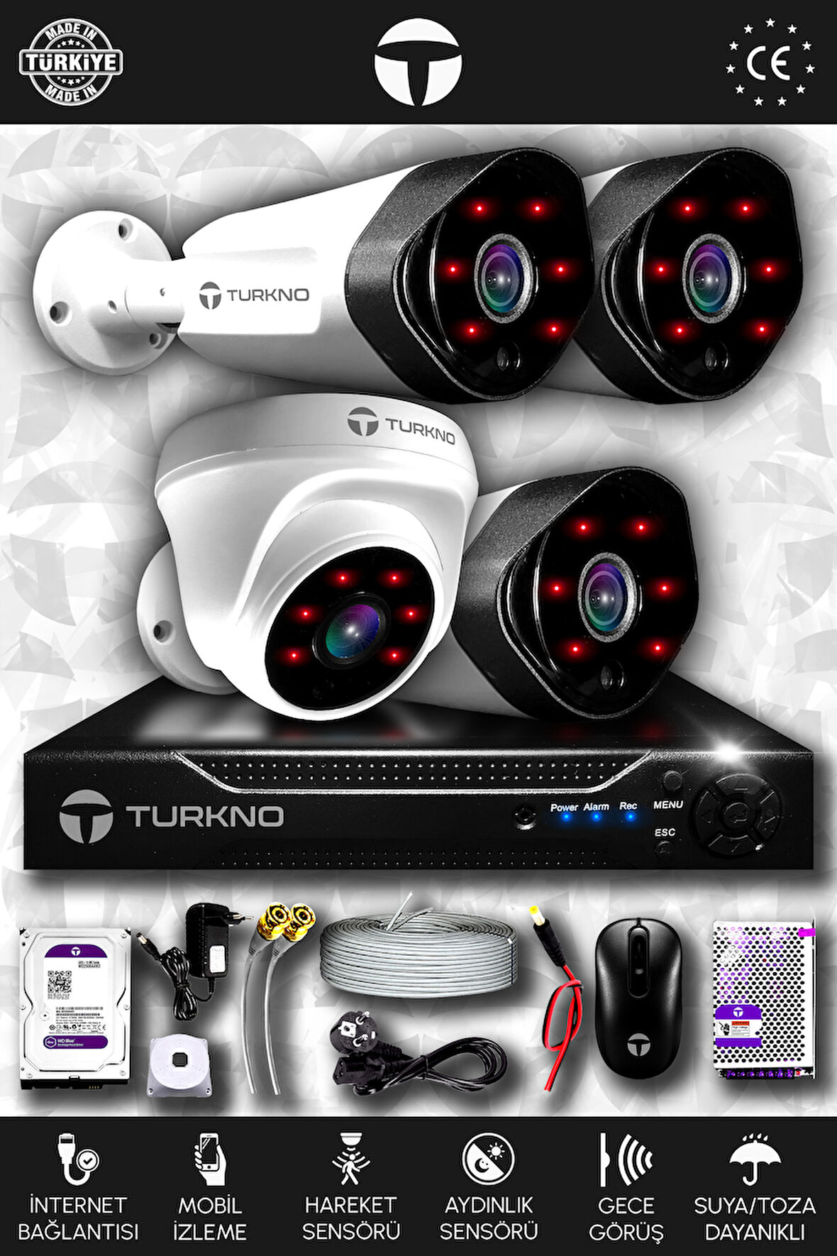 TURKNO 4 Kameralı Galia 1 İç Kamera Set 1 TB HDD Full HD Gece Görüşlü Güvenlik Kamerası Sistemi