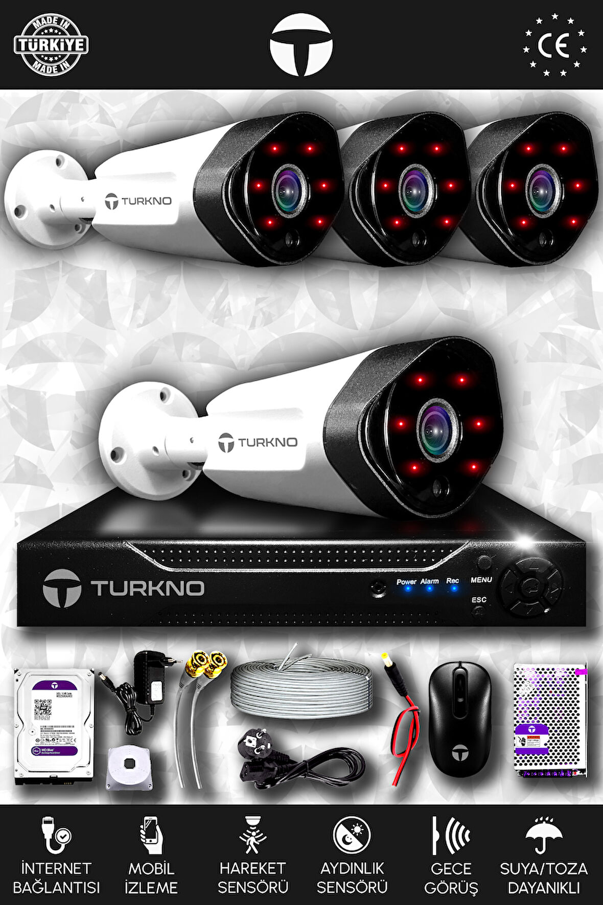 TURKNO 4 Kameralı Galia 4 Dış Kamera Set 500 GB HDD Full HD Gece Görüşlü Güvenlik Kamerası Sistemi