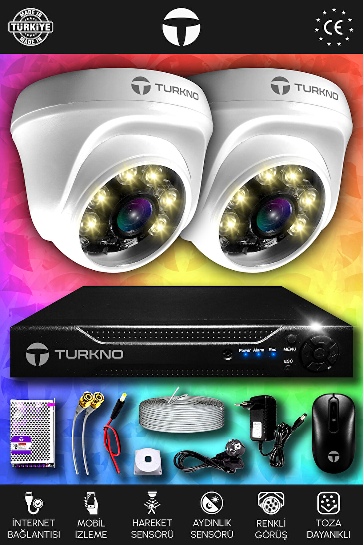 TURKNO 2 Kameralı Domie 2 İç Kamera Set 1 TB HDD Full HD Renkli Gece Görüşlü Güvenlik Kamerası Sistemi