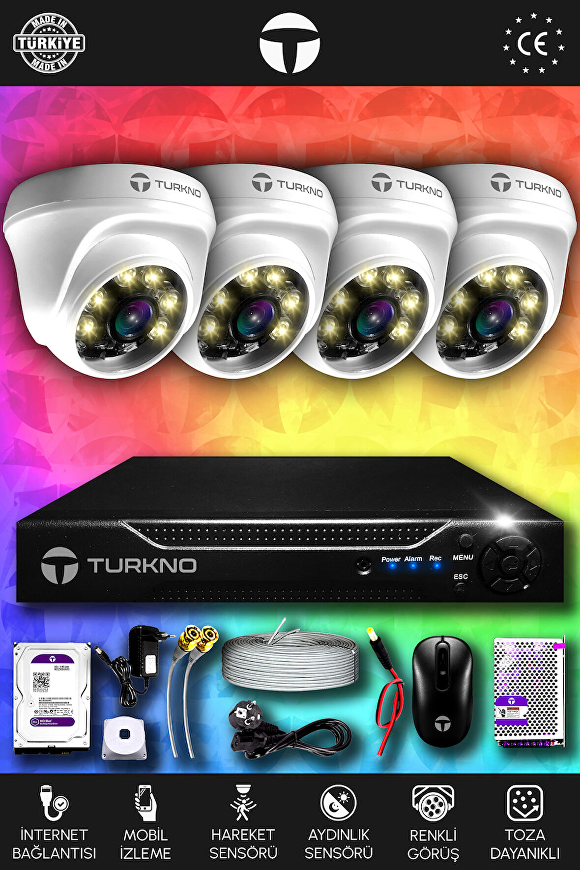 TURKNO 4 Kameralı Domie 4 İç Kamera Set 100 GB HDD Full HD Renkli Gece Görüşlü Güvenlik Kamerası Sistemi