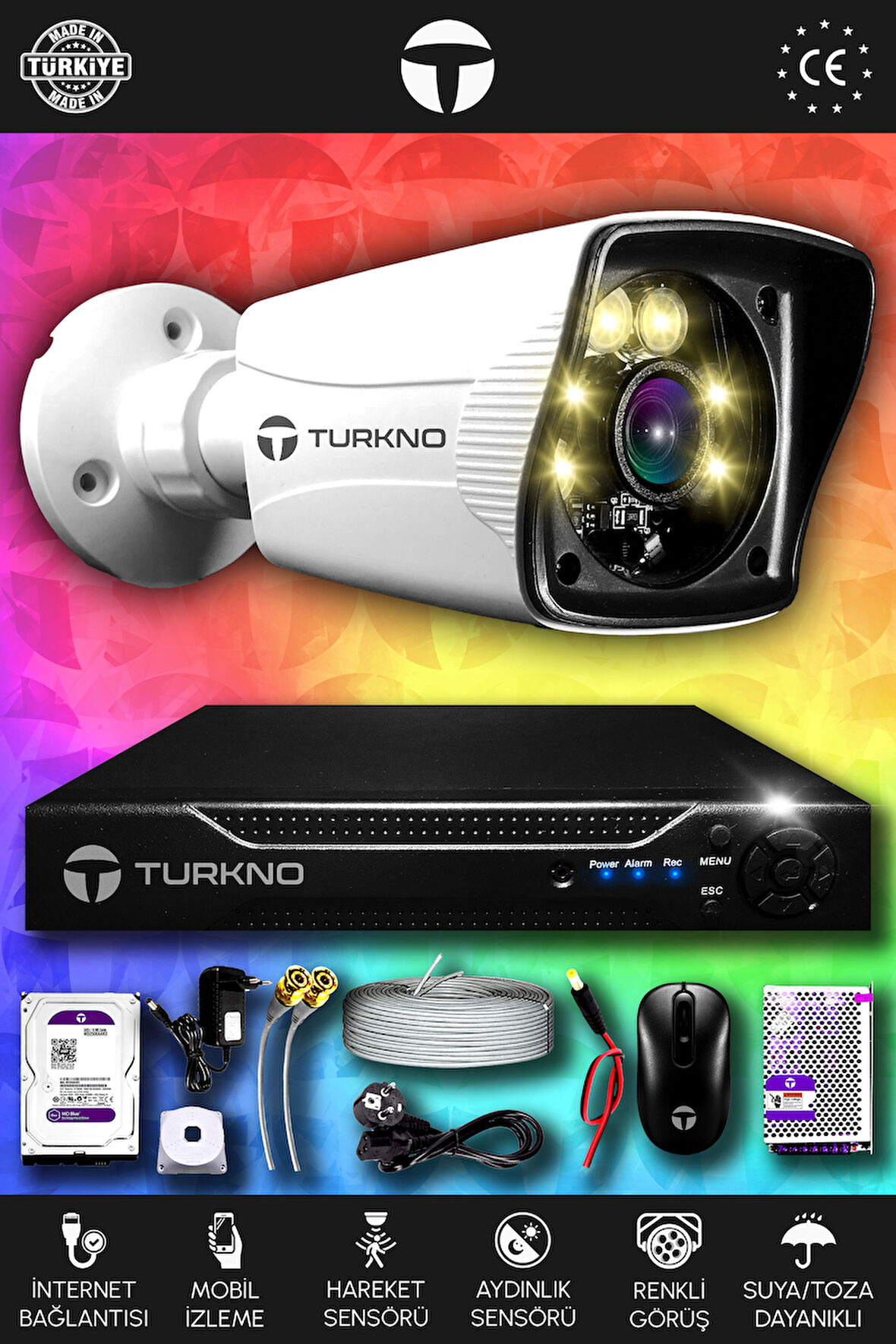 TURKNO 1 Kameralı Karie 1 Dış Kamera Set 2 TB HDD Full HD Renkli Gece Görüşlü Güvenlik Kamerası Sistemi