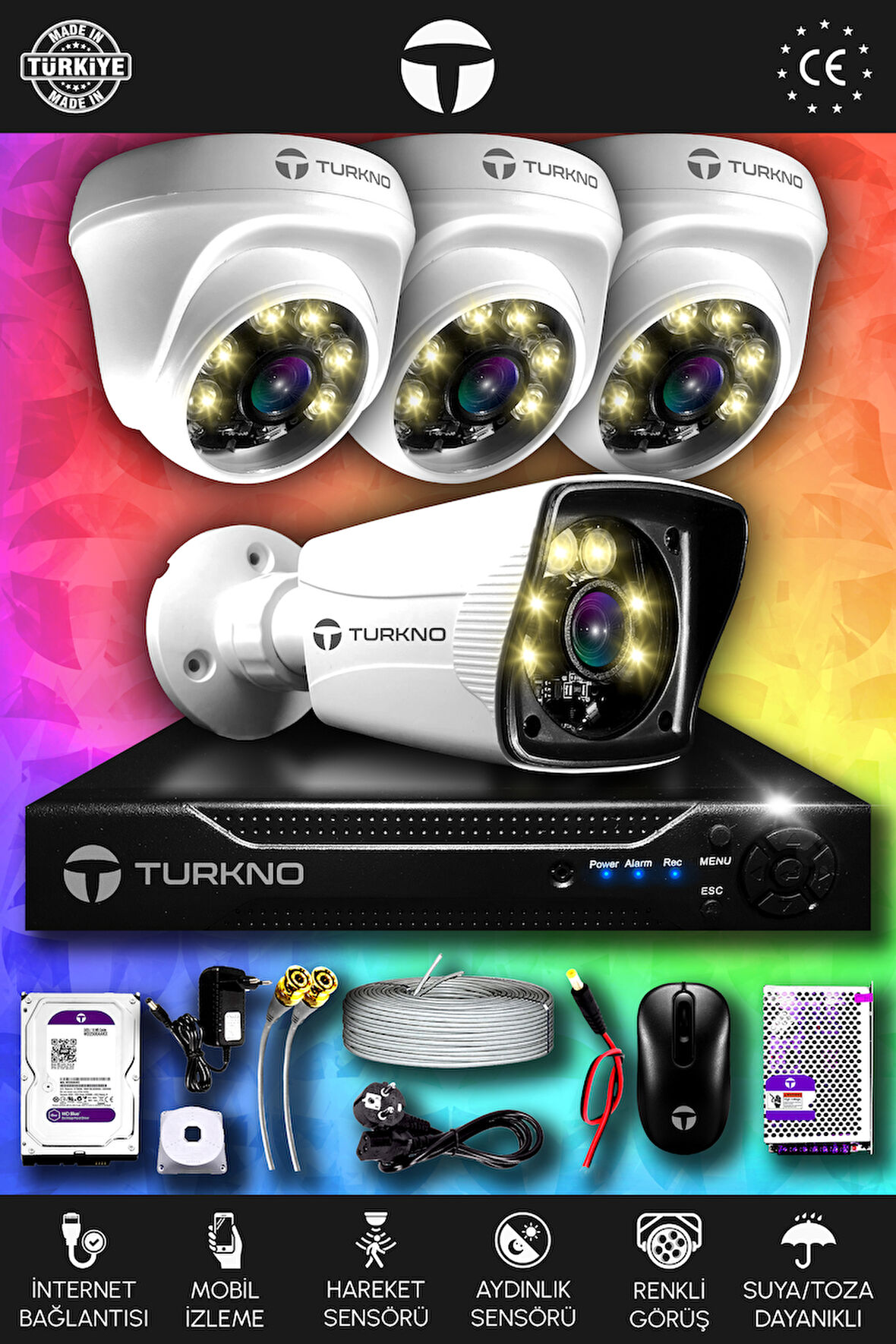 TURKNO 4 Kameralı Karie 3 İç Kamera Set 320 GB HDD Full HD Renkli Gece Görüşlü Güvenlik Kamerası Sistemi