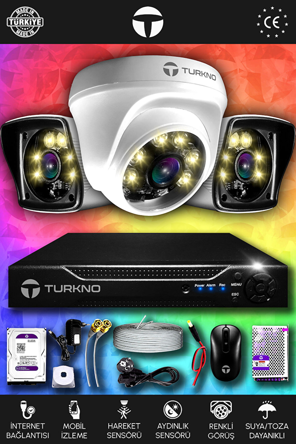 TURKNO 3 Kameralı Karie 1 İç Kamera Set 320 GB HDD Full HD Renkli Gece Görüşlü Güvenlik Kamerası Sistemi