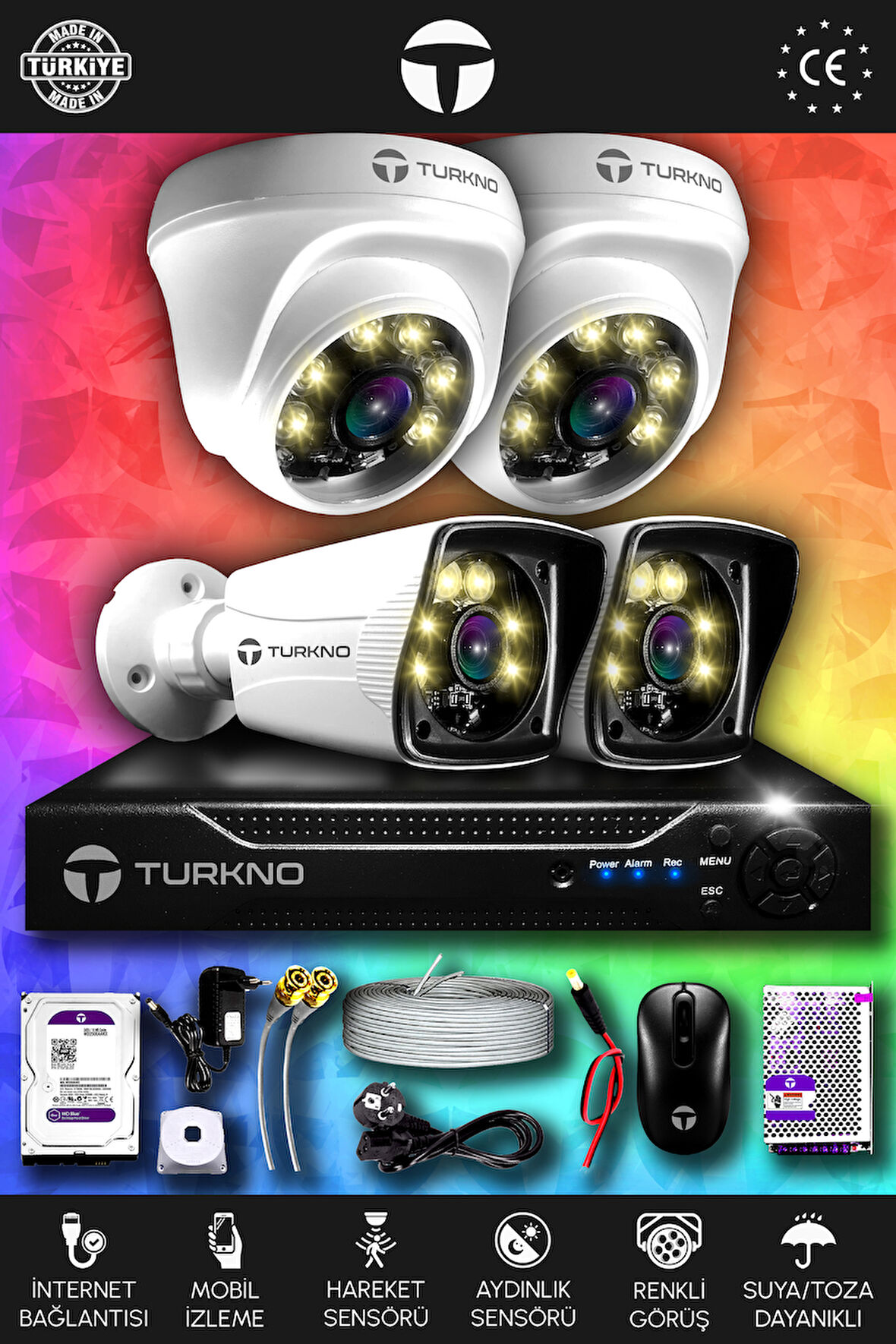 TURKNO 4 Kameralı Karie 2 İç Kamera Set 250 GB HDD Full HD Renkli Gece Görüşlü Güvenlik Kamerası Sistemi