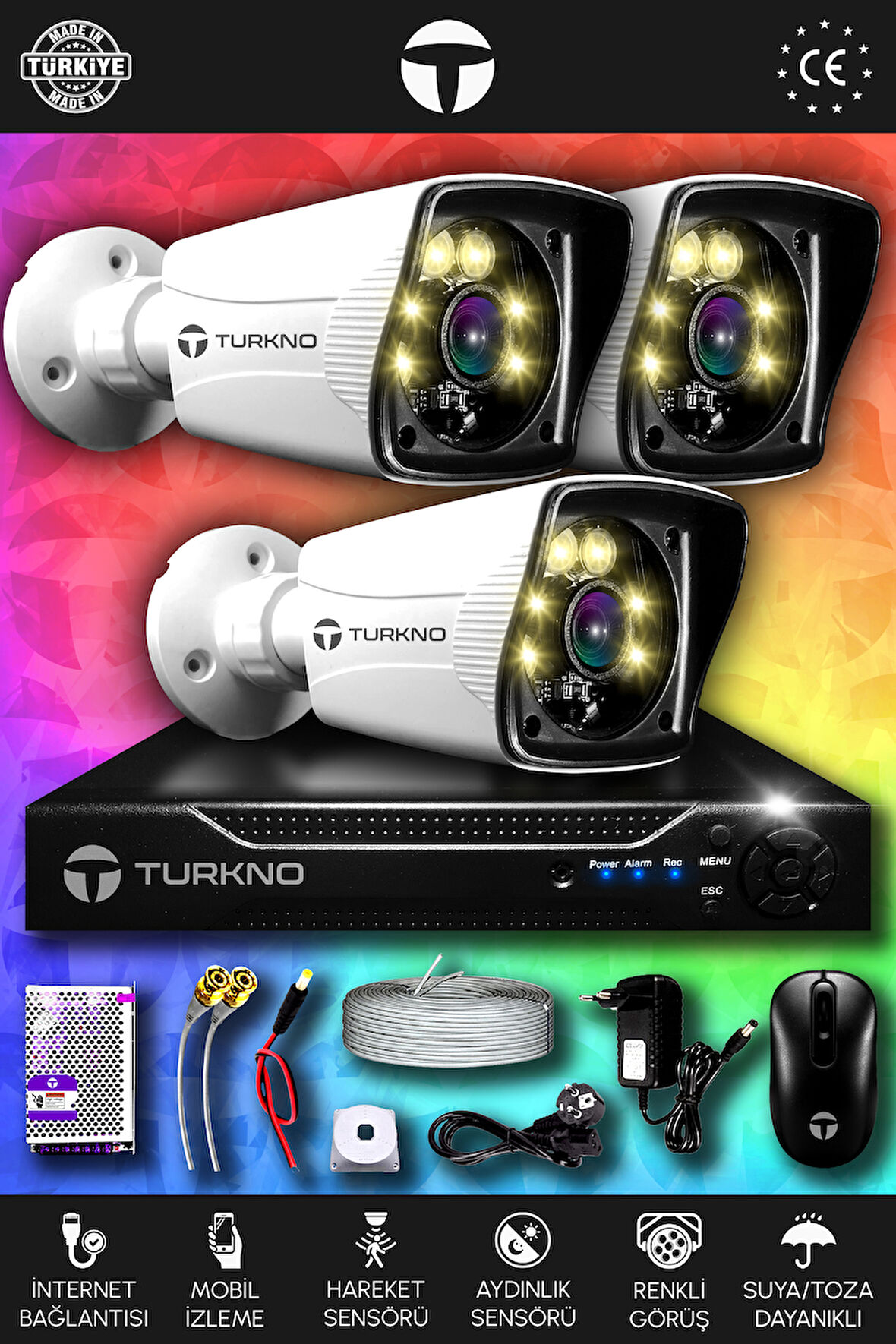TURKNO 3 Kameralı Karie 3 Dış Kamera Set HDD'siz Full HD Renkli Gece Görüşlü Güvenlik Kamerası Sistemi