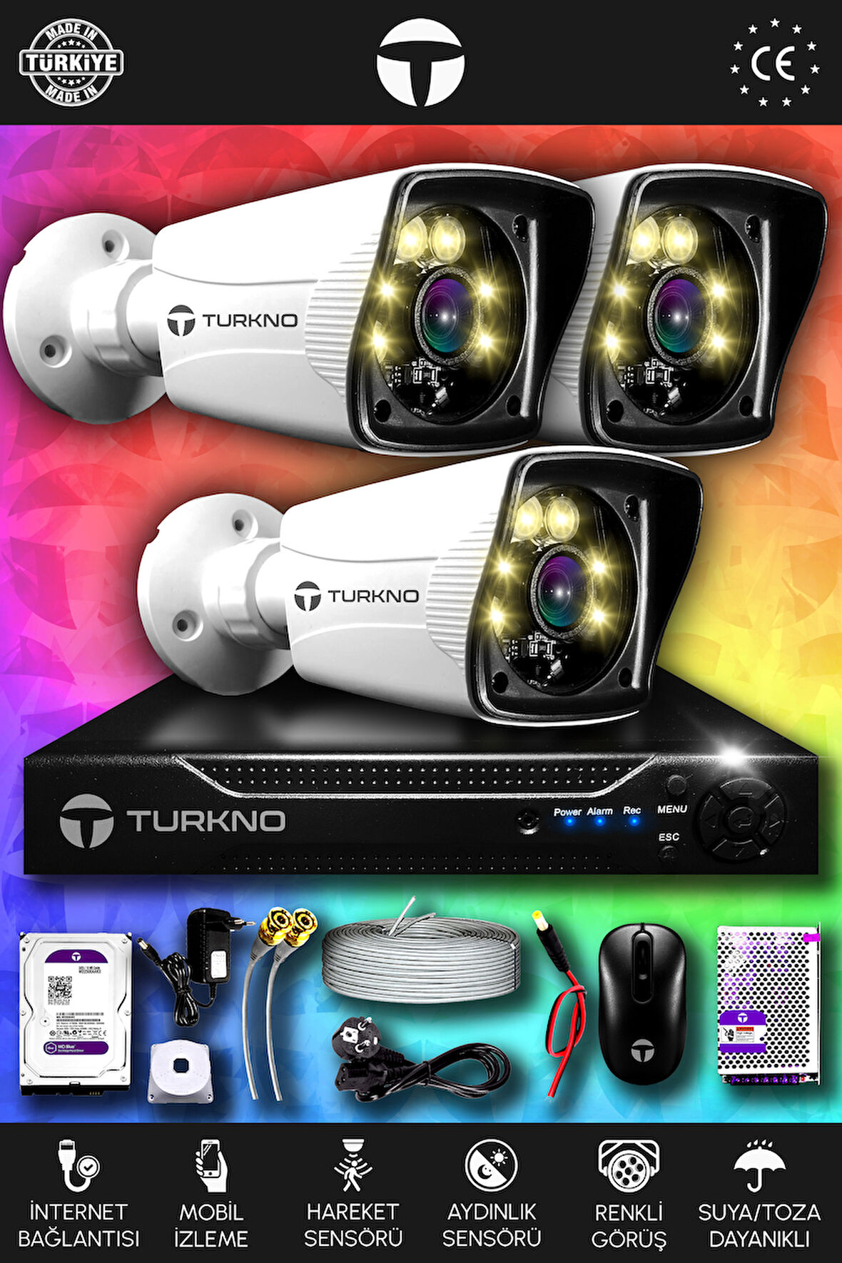 TURKNO 3 Kameralı Karie 3 Dış Kamera Set 1 TB HDD Full HD Renkli Gece Görüşlü Güvenlik Kamerası Sistemi