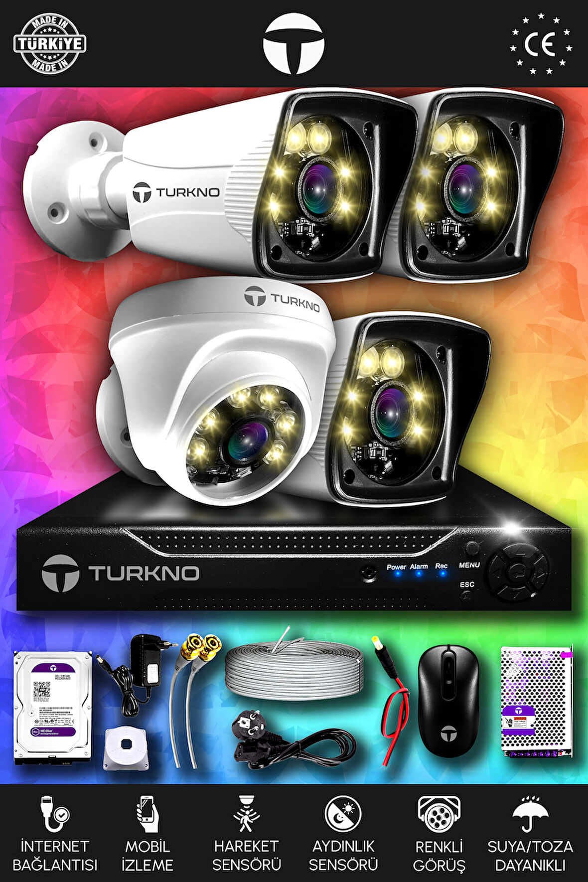 TURKNO 4 Kameralı Karie 1 İç Kamera Set 320 GB HDD Full HD Renkli Gece Görüşlü Güvenlik Kamerası Sistemi