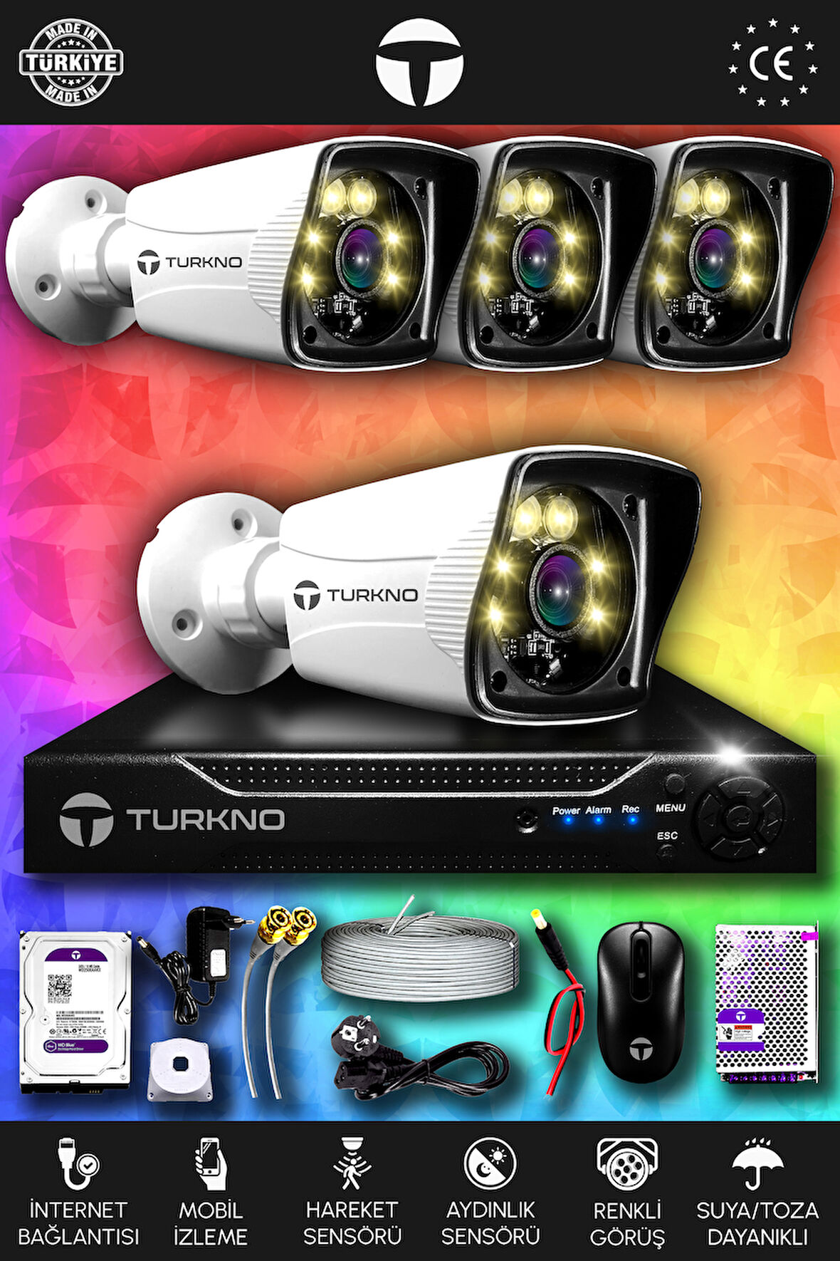 TURKNO 4 Kameralı Karie 4 Dış Kamera Set 320 GB HDD Full HD Renkli Gece Görüşlü Güvenlik Kamerası Sistemi