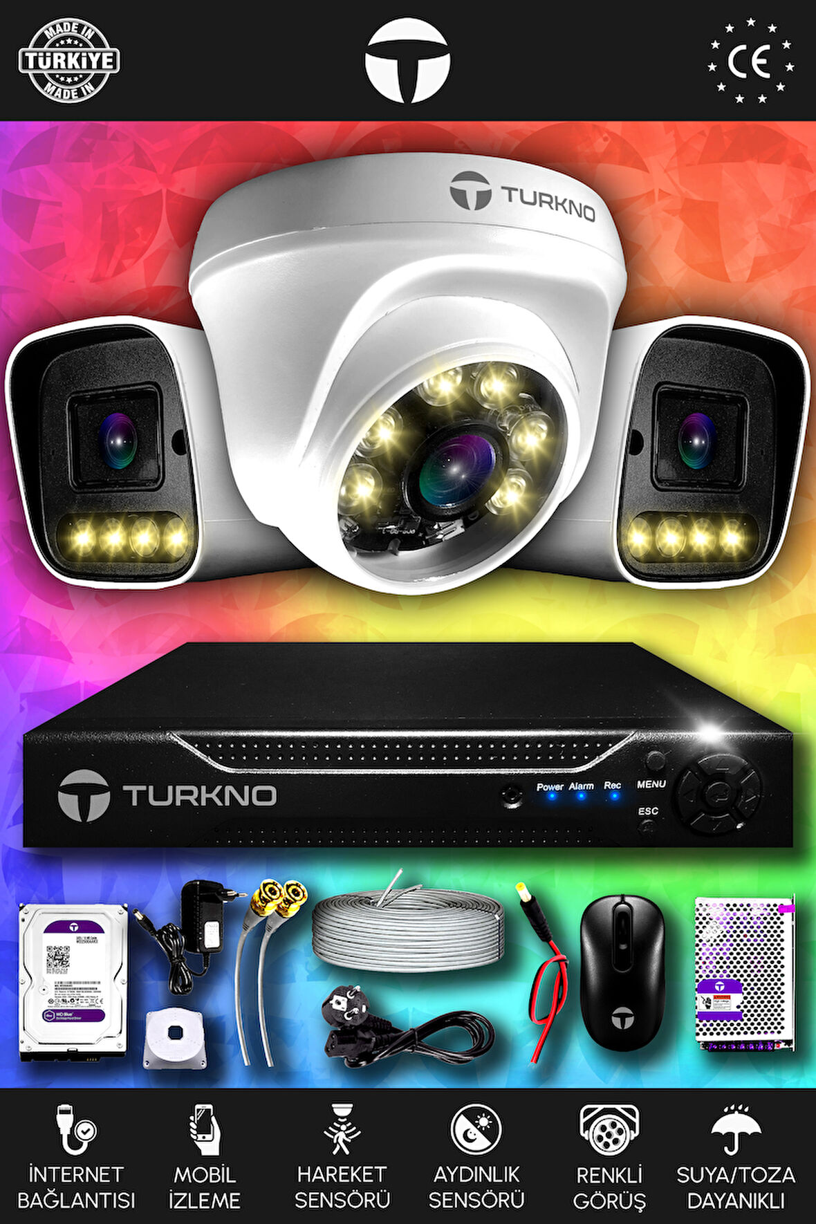 TURKNO 3 Kameralı Navie 1 İç Kamera Set 320 GB HDD Full HD Renkli Gece Görüşlü Güvenlik Kamerası Sistemi