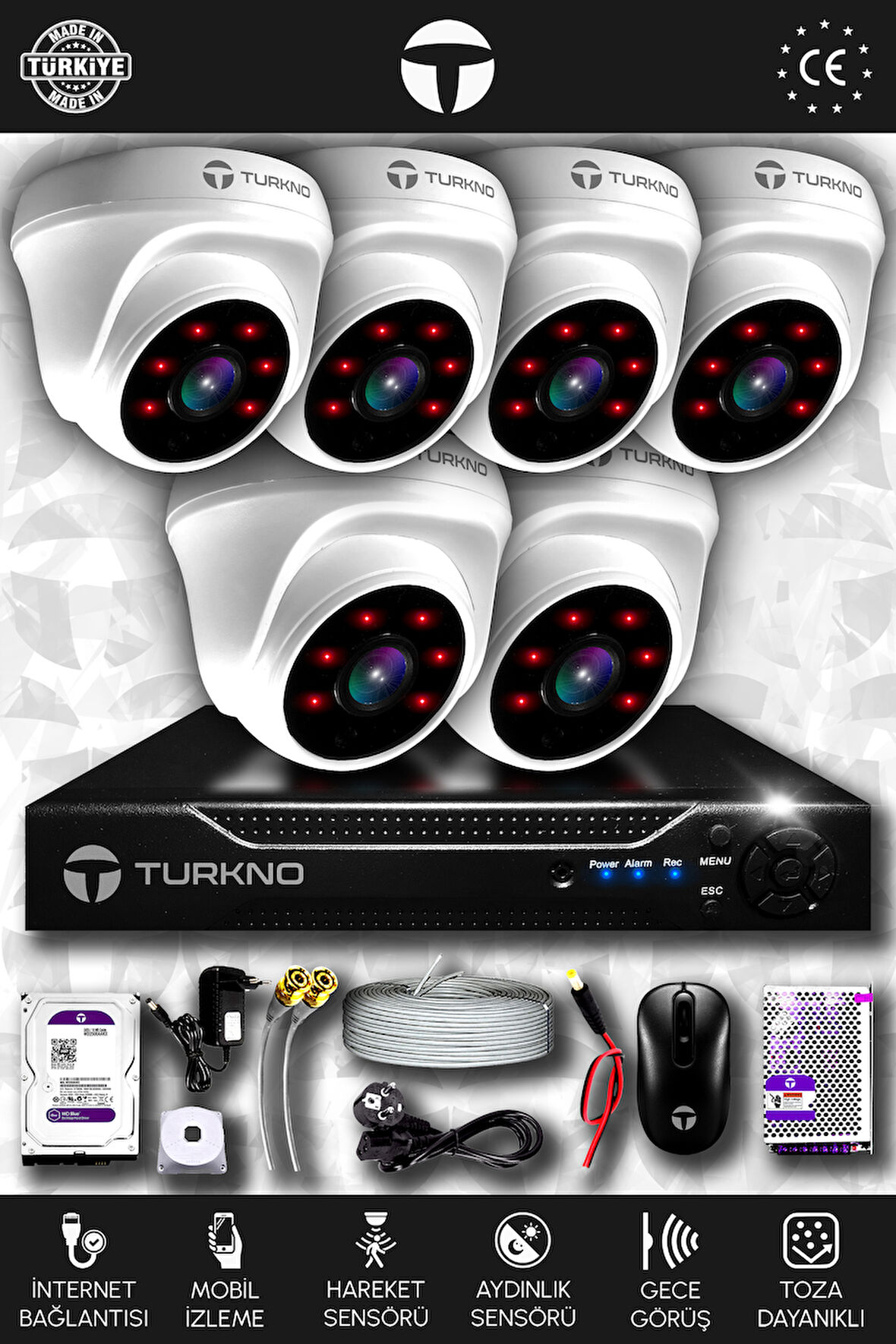 TURKNO 6 Kameralı Domia 6 İç Kamera Set 1 TB HDD Full HD Gece Görüşlü Güvenlik Kamerası Sistemi