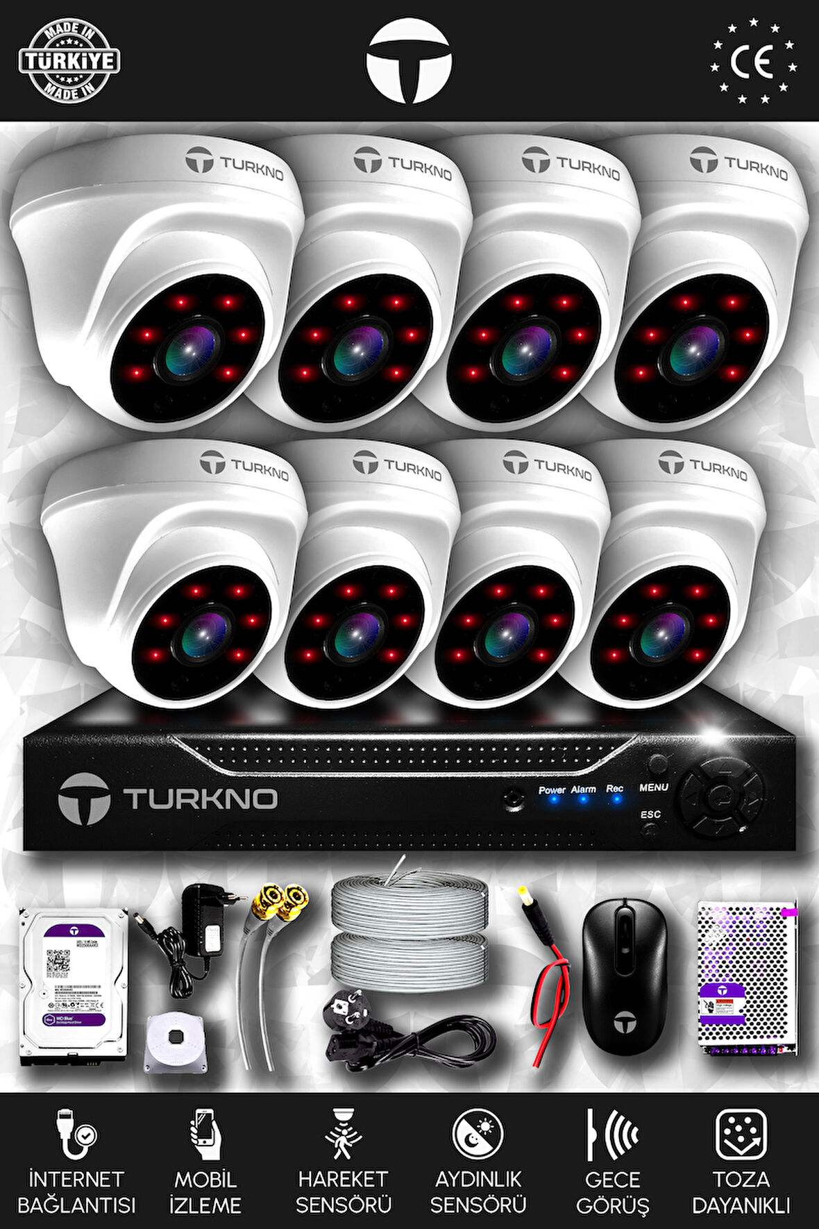 TURKNO 8 Kameralı Domia 8 İç Kamera Set 250 GB HDD Full HD Gece Görüşlü Güvenlik Kamerası Sistemi