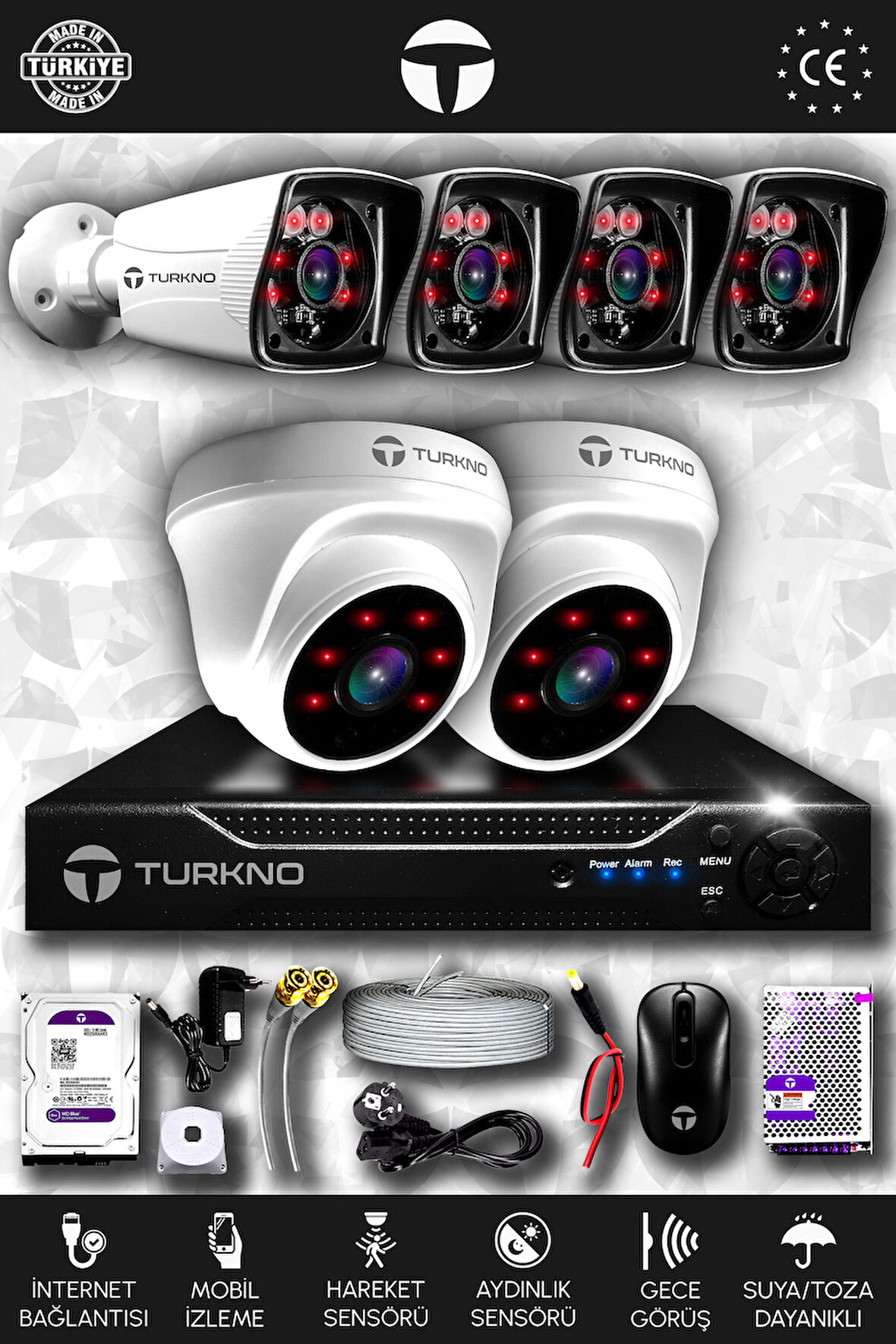 TURKNO 6 Kameralı Karia 2 İç Kamera Set 1 TB HDD Full HD Gece Görüşlü Güvenlik Kamerası Sistemi