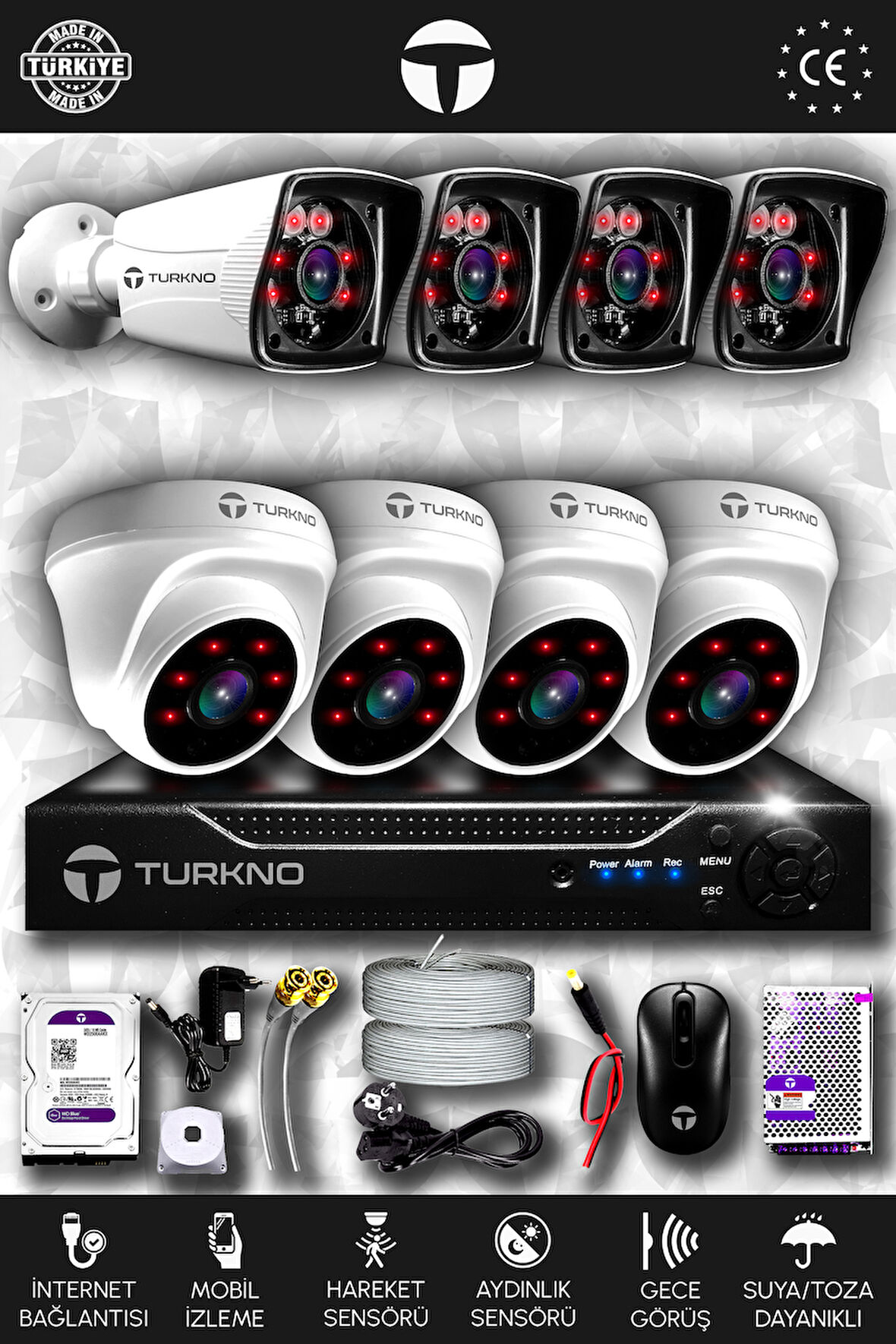 TURKNO 8 Kameralı Karia 4 İç Kamera Set 250 GB HDD Full HD Gece Görüşlü Güvenlik Kamerası Sistemi