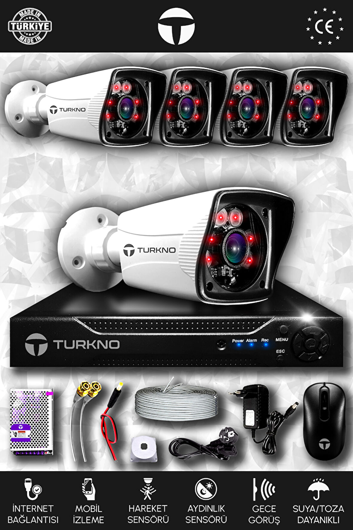 TURKNO 5 Kameralı Karia 5 Dış Kamera Set HDD'siz Full HD Gece Görüşlü Güvenlik Kamerası Sistemi