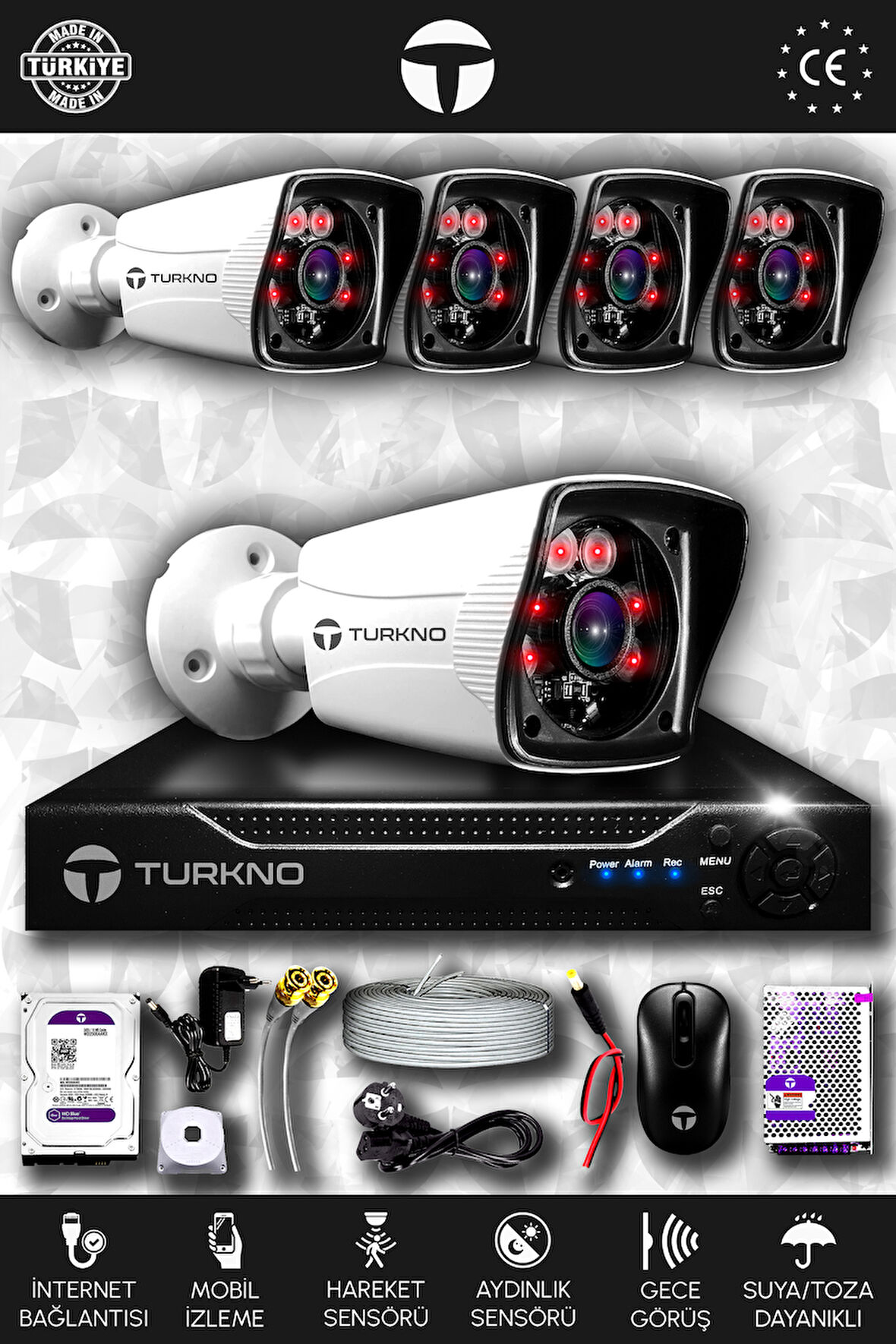 TURKNO 5 Kameralı Karia 5 Dış Kamera Set 320 GB HDD Full HD Gece Görüşlü Güvenlik Kamerası Sistemi