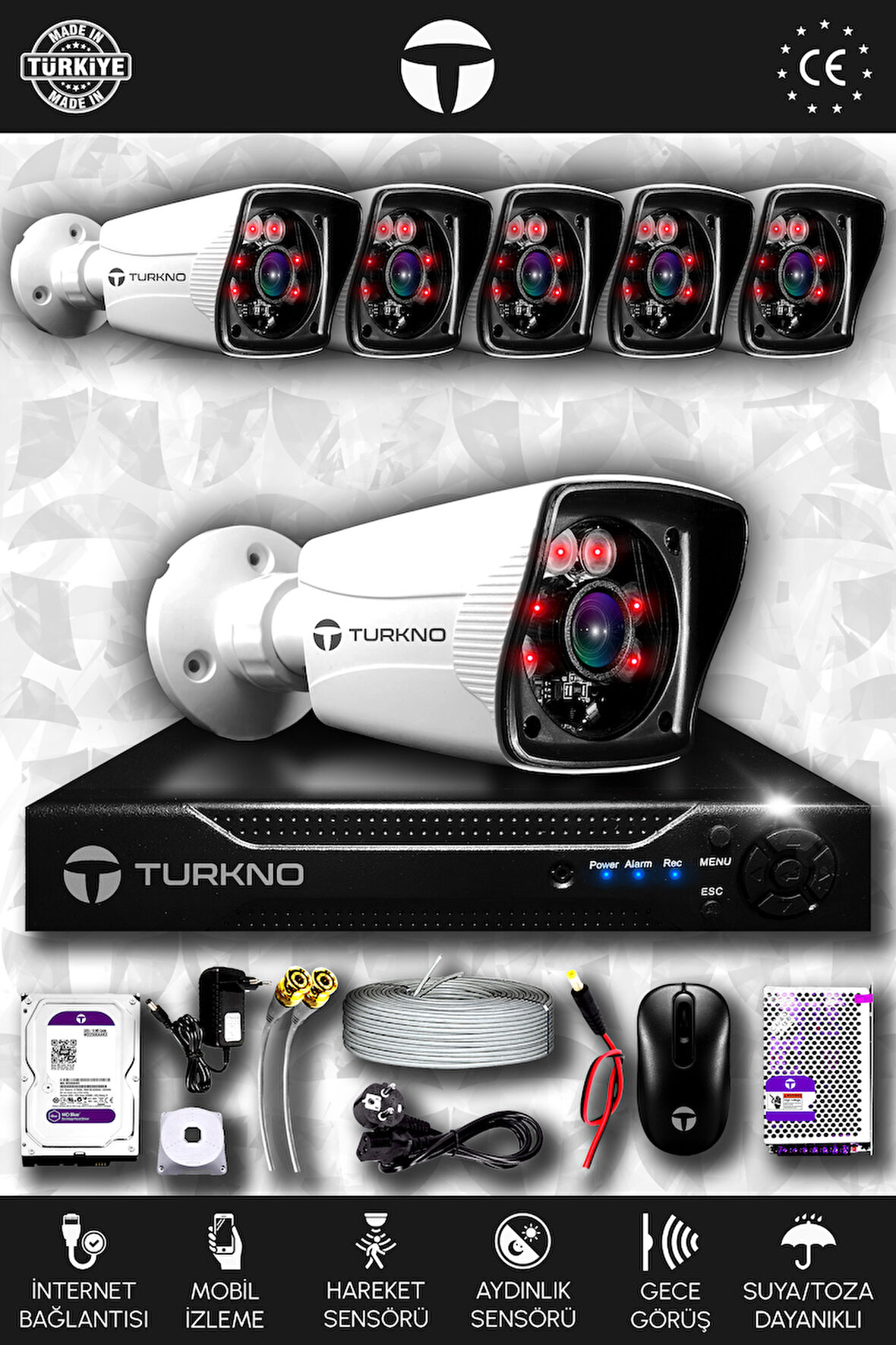 TURKNO 6 Kameralı Karia 6 Dış Kamera Set 500 GB HDD Full HD Gece Görüşlü Güvenlik Kamerası Sistemi