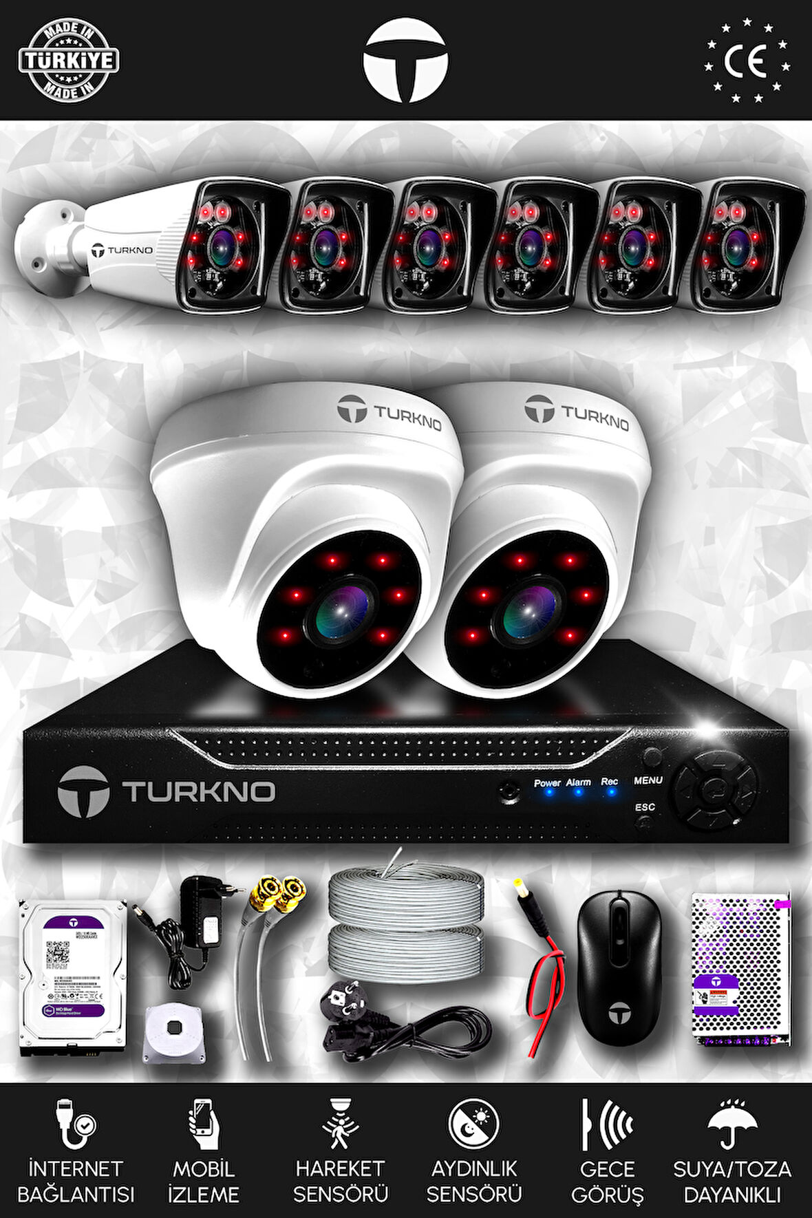 TURKNO 8 Kameralı Karia 2 İç Kamera Set 100 GB HDD Full HD Gece Görüşlü Güvenlik Kamerası Sistemi