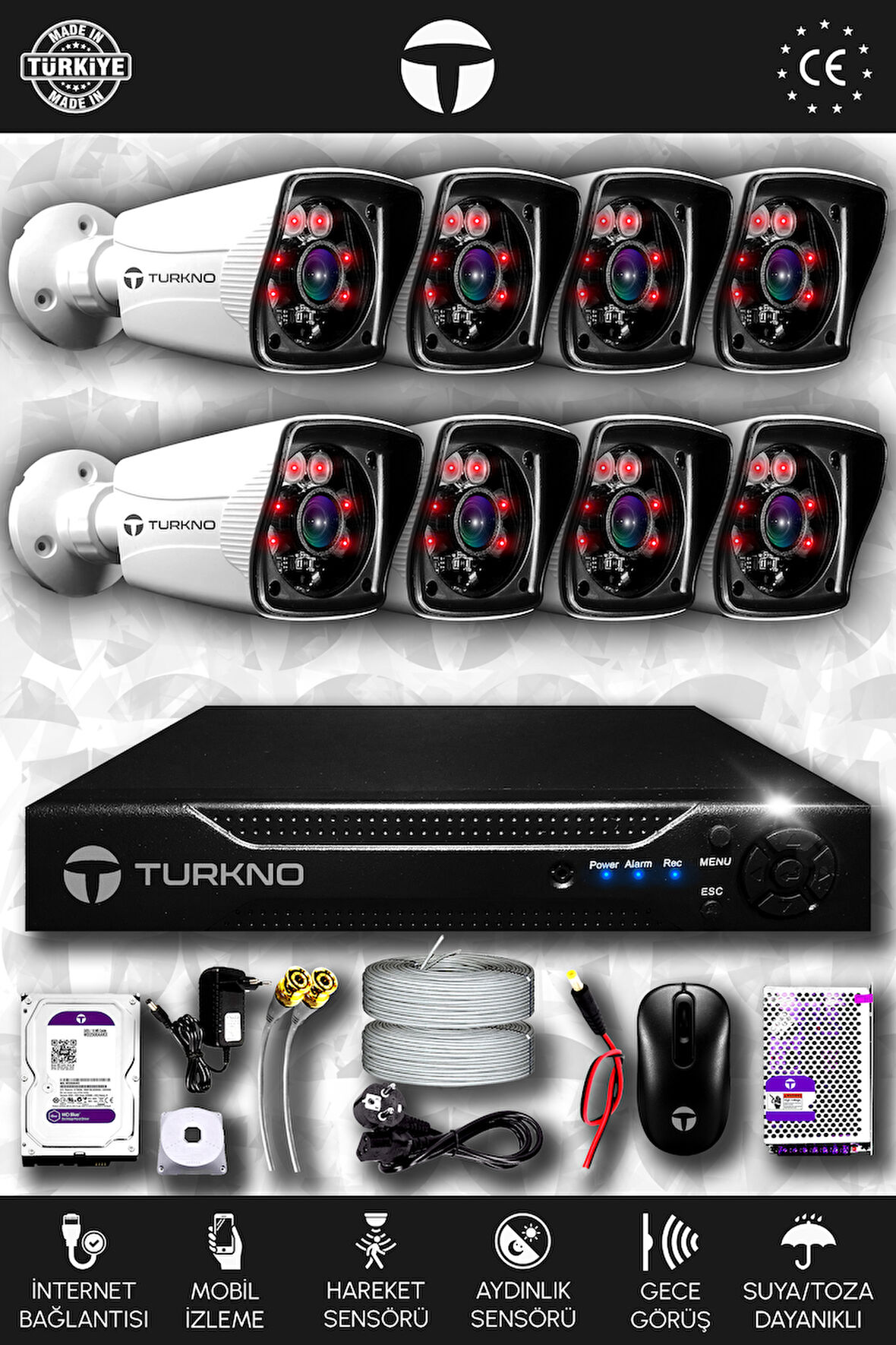 TURKNO 8 Kameralı Karia 8 Dış Kamera Set 100 GB HDD Full HD Gece Görüşlü Güvenlik Kamerası Sistemi
