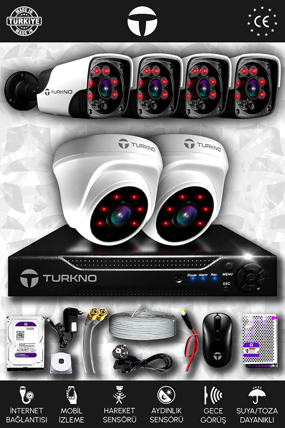 TURKNO 6 Kameralı Pania 2 İç Kamera Set 500 GB HDD Full HD Gece Görüşlü Güvenlik Kamerası Sistemi