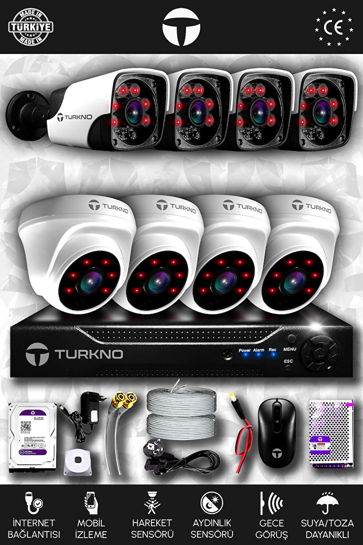 TURKNO 8 Kameralı Pania 4 İç Kamera Set 100 GB HDD Full HD Gece Görüşlü Güvenlik Kamerası Sistemi