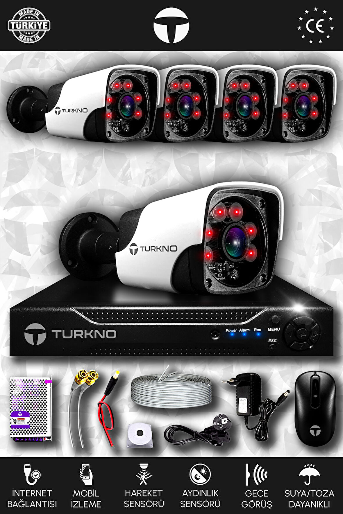 TURKNO 5 Kameralı Pania 5 Dış Kamera Set HDD'siz Full HD Gece Görüşlü Güvenlik Kamerası Sistemi