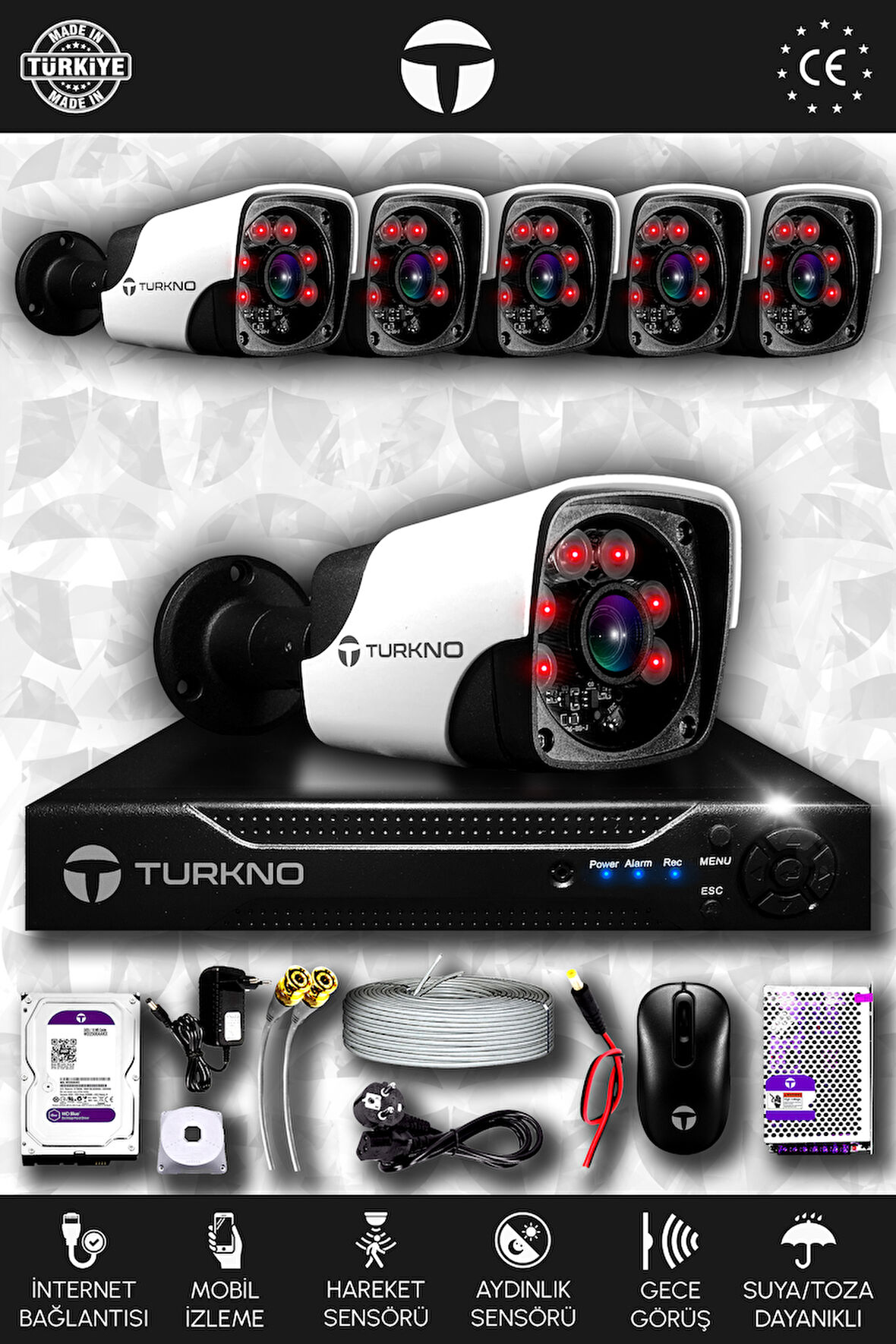 TURKNO 6 Kameralı Pania 6 Dış Kamera Set 320 GB HDD Full HD Gece Görüşlü Güvenlik Kamerası Sistemi