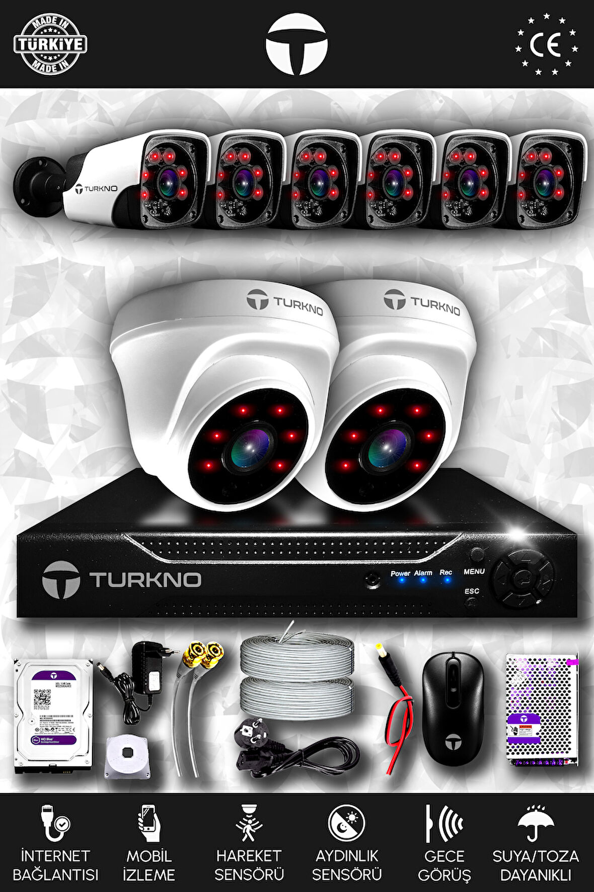 TURKNO 8 Kameralı Pania 2 İç Kamera Set 320 GB HDD Full HD Gece Görüşlü Güvenlik Kamerası Sistemi