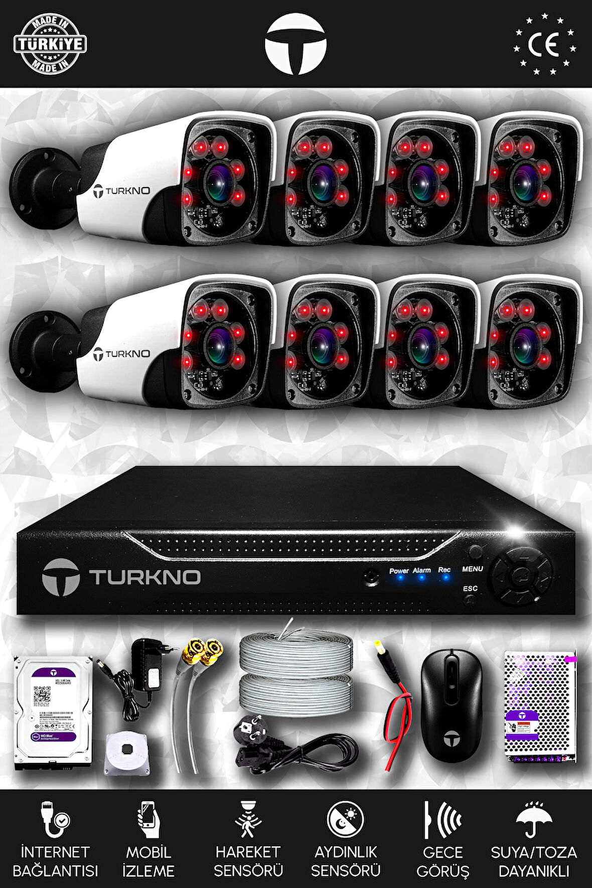 TURKNO 8 Kameralı Pania 8 Dış Kamera Set 100 GB HDD Full HD Gece Görüşlü Güvenlik Kamerası Sistemi