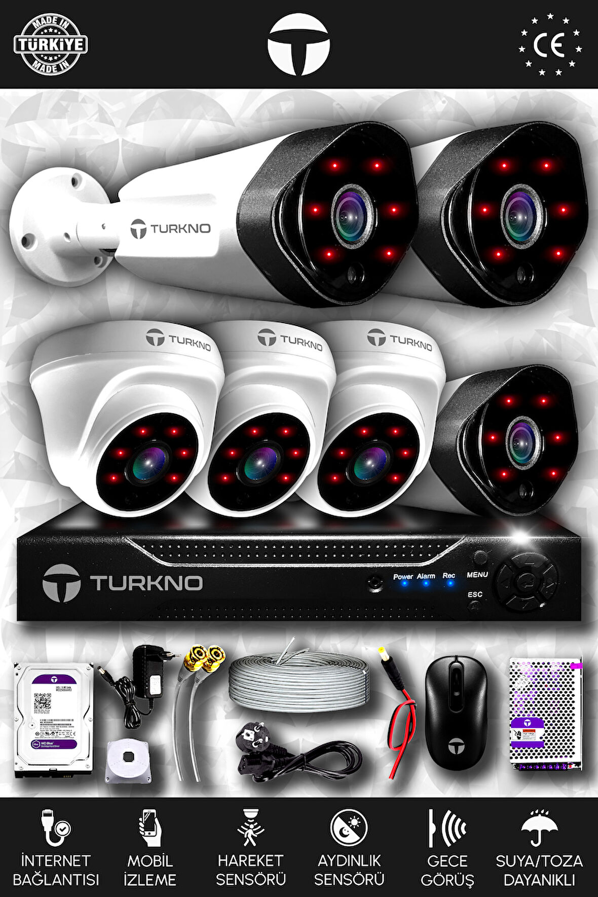 TURKNO 6 Kameralı Galia 3 İç Kamera Set 500 GB HDD Full HD Gece Görüşlü Güvenlik Kamerası Sistemi