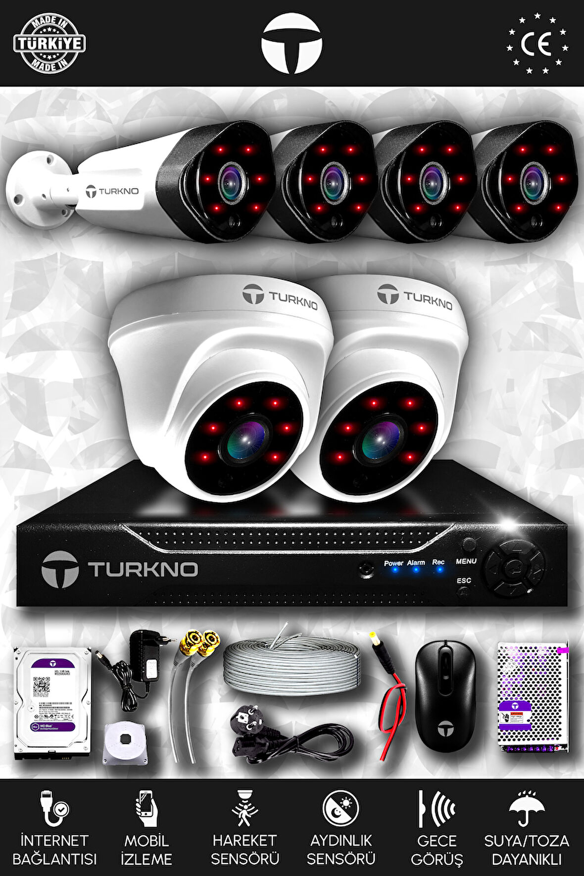 TURKNO 6 Kameralı Galia 2 İç Kamera Set 320 GB HDD Full HD Gece Görüşlü Güvenlik Kamerası Sistemi