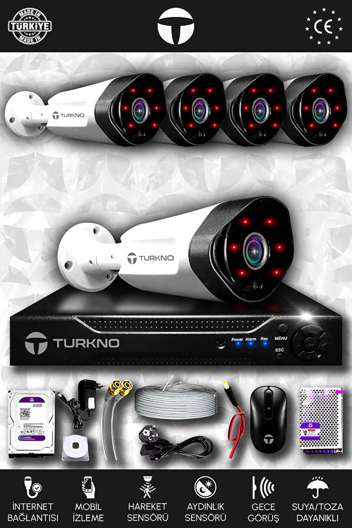 TURKNO 5 Kameralı Galia 5 Dış Kamera Set 320 GB HDD Full HD Gece Görüşlü Güvenlik Kamerası Sistemi