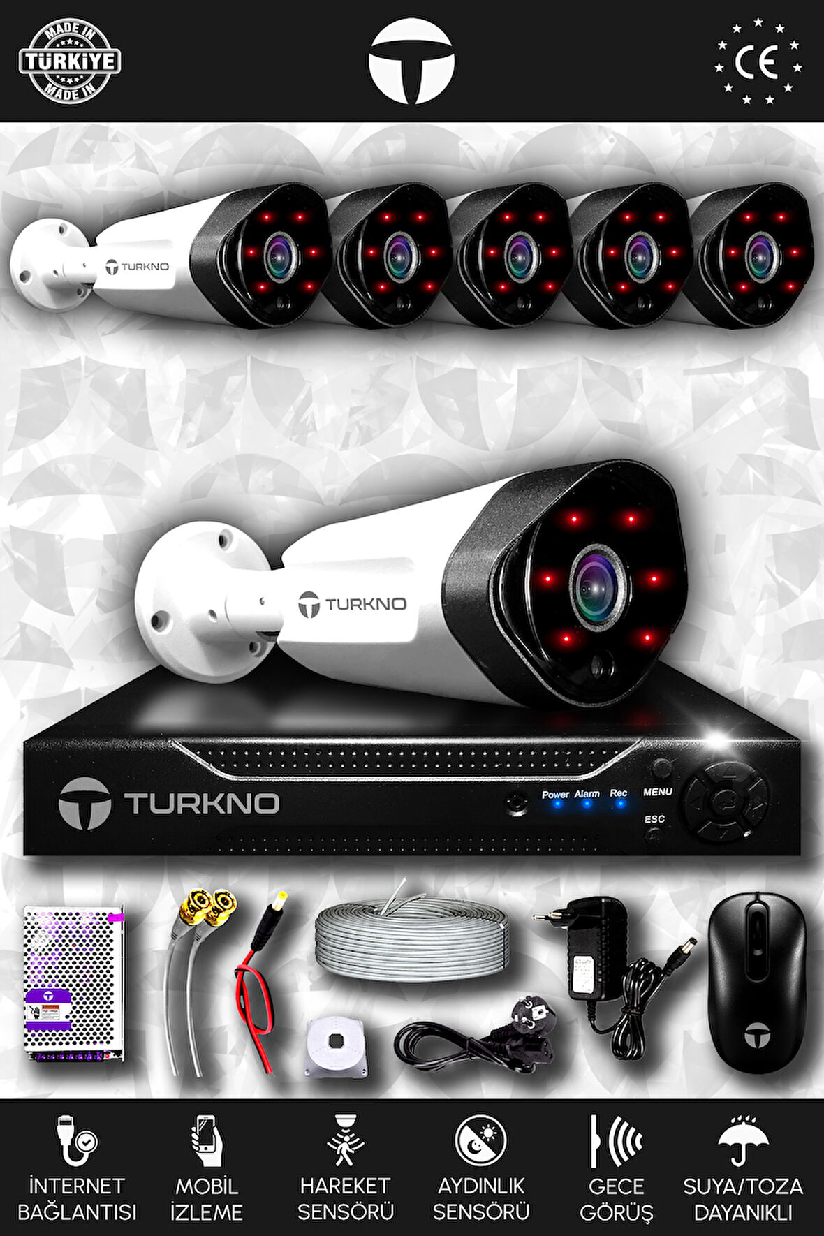 TURKNO 6 Kameralı Galia 6 Dış Kamera Set HDD'siz Full HD Gece Görüşlü Güvenlik Kamerası Sistemi