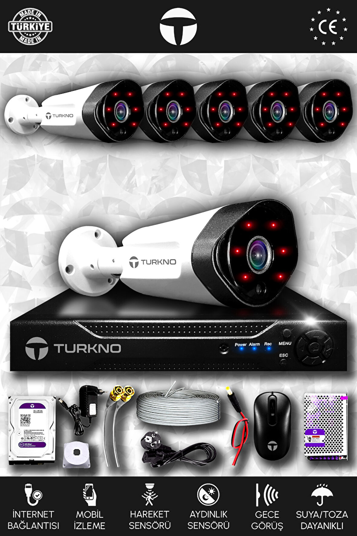 TURKNO 6 Kameralı Galia 6 Dış Kamera Set 250 GB HDD Full HD Gece Görüşlü Güvenlik Kamerası Sistemi
