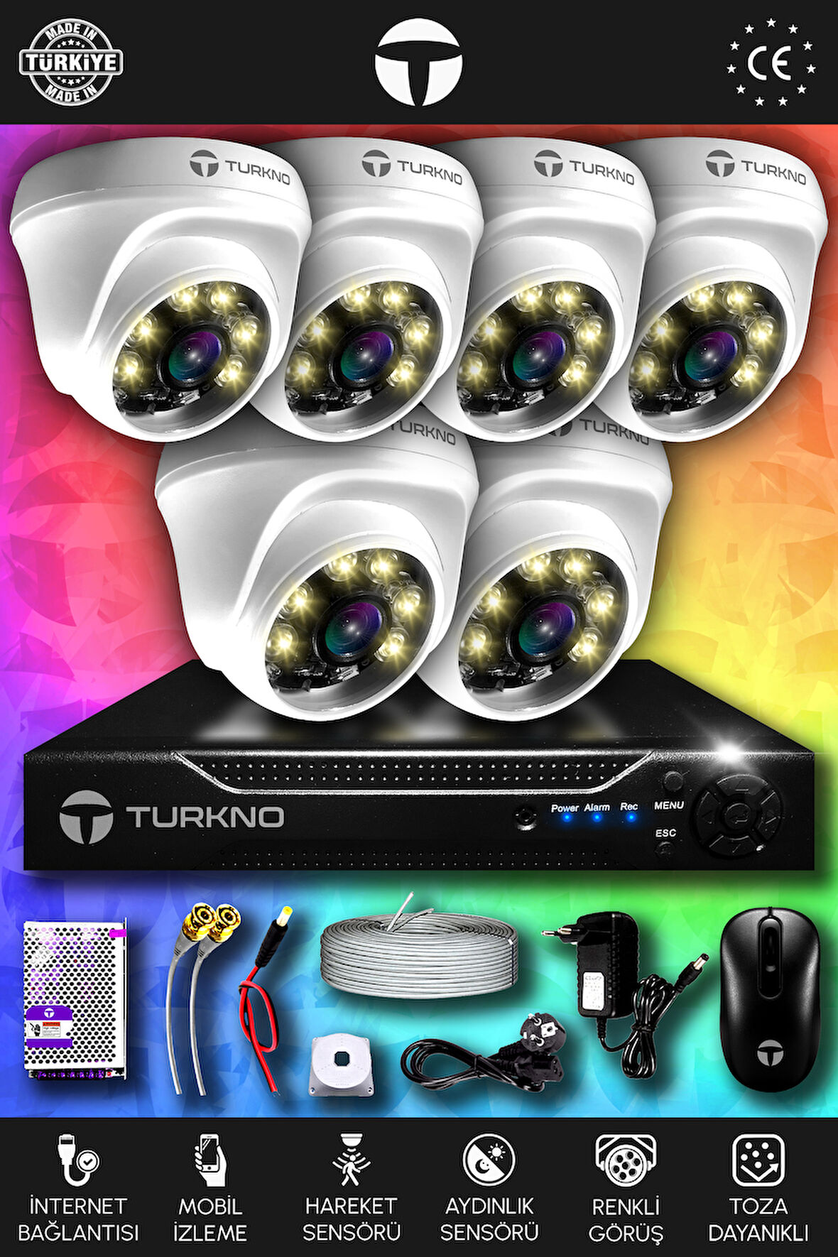 TURKNO 6 Kameralı Domie 6 İç Kamera Set HDD'siz Full HD Renkli Gece Görüşlü Güvenlik Kamerası Sistemi