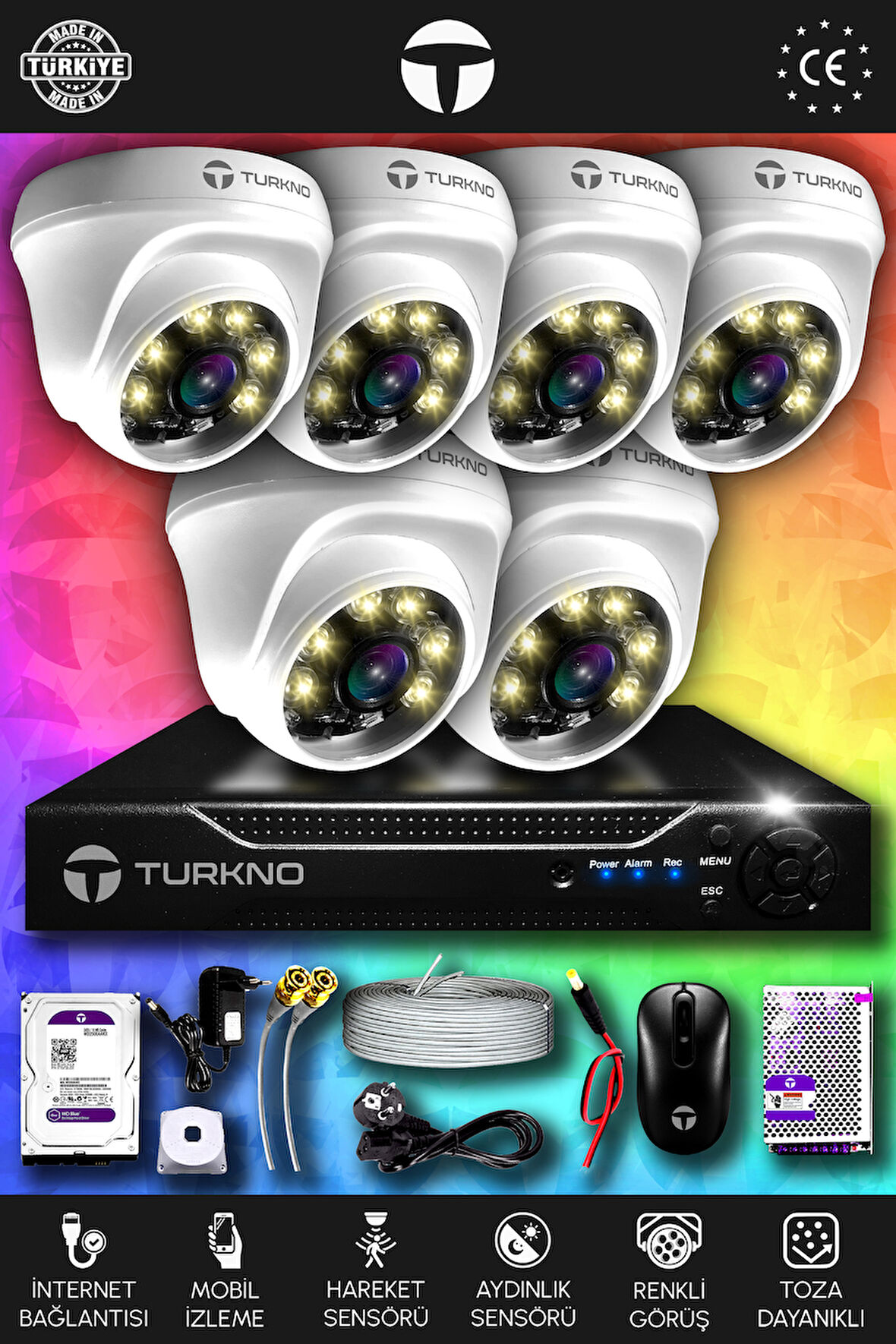 TURKNO 6 Kameralı Domie 6 İç Kamera Set 100 GB HDD Full HD Renkli Gece Görüşlü Güvenlik Kamerası Sistemi