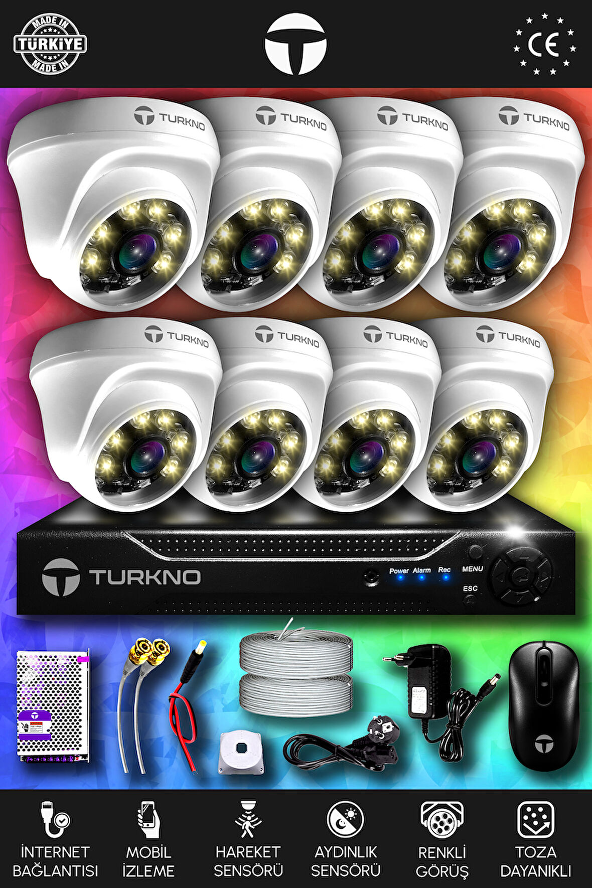 TURKNO 8 Kameralı Domie 8 İç Kamera Set HDD'siz Full HD Renkli Gece Görüşlü Güvenlik Kamerası Sistemi