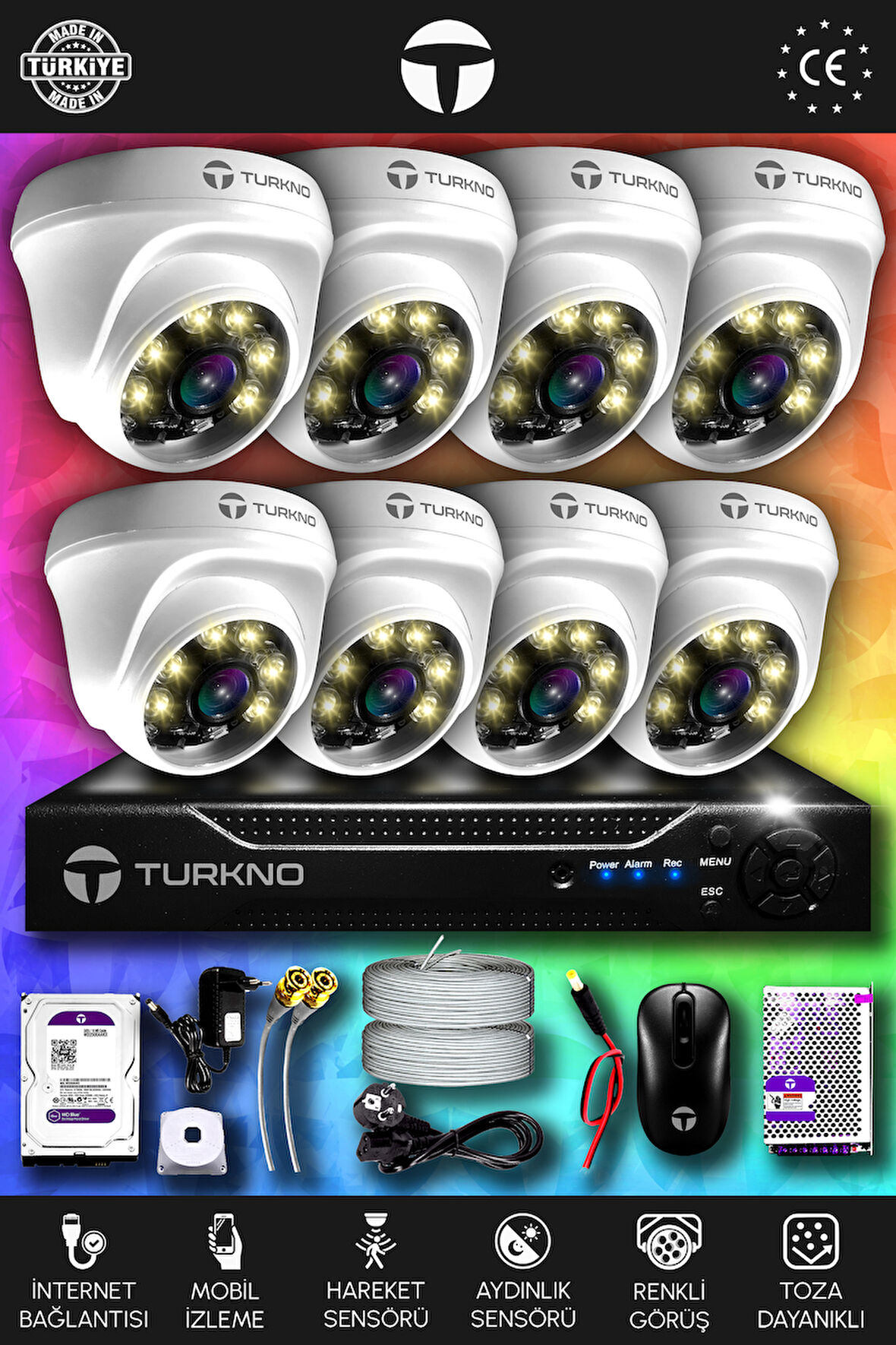 TURKNO 8 Kameralı Domie 8 İç Kamera Set 250 GB HDD Full HD Renkli Gece Görüşlü Güvenlik Kamerası Sistemi