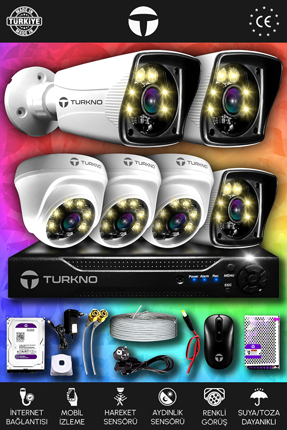 TURKNO 6 Kameralı Karie 3 İç Kamera Set 1 TB HDD Full HD Renkli Gece Görüşlü Güvenlik Kamerası Sistemi