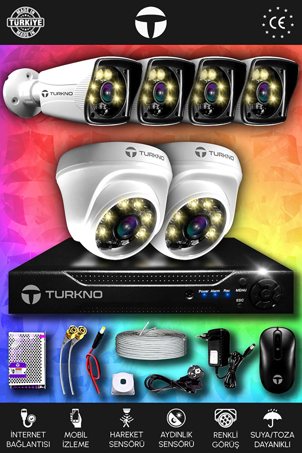 TURKNO 6 Kameralı Karie 2 İç Kamera Set HDD'siz Full HD Renkli Gece Görüşlü Güvenlik Kamerası Sistemi