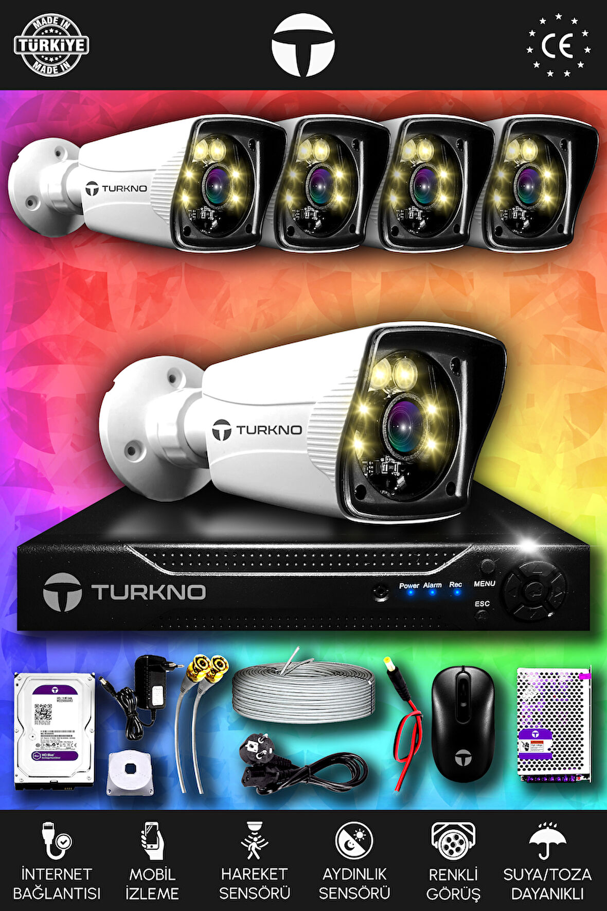 TURKNO 5 Kameralı Karie 5 Dış Kamera Set 100 GB HDD Full HD Renkli Gece Görüşlü Güvenlik Kamerası Sistemi