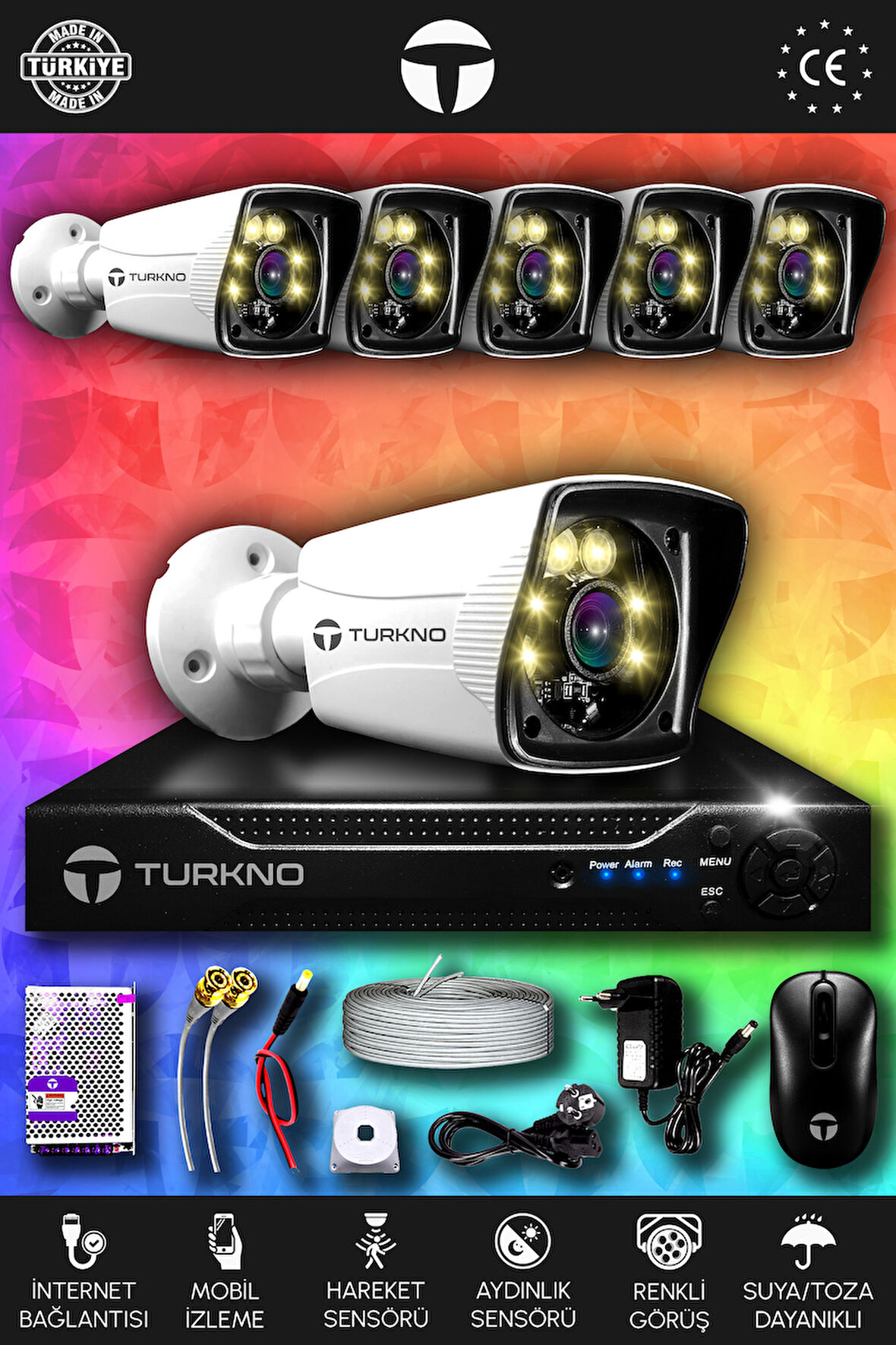 TURKNO 6 Kameralı Karie 6 Dış Kamera Set HDD'siz Full HD Renkli Gece Görüşlü Güvenlik Kamerası Sistemi
