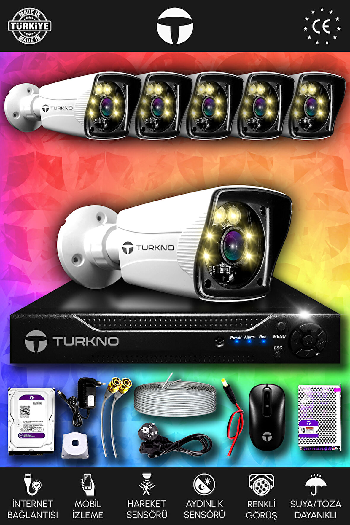 TURKNO 6 Kameralı Karie 6 Dış Kamera Set 1 TB HDD Full HD Renkli Gece Görüşlü Güvenlik Kamerası Sistemi