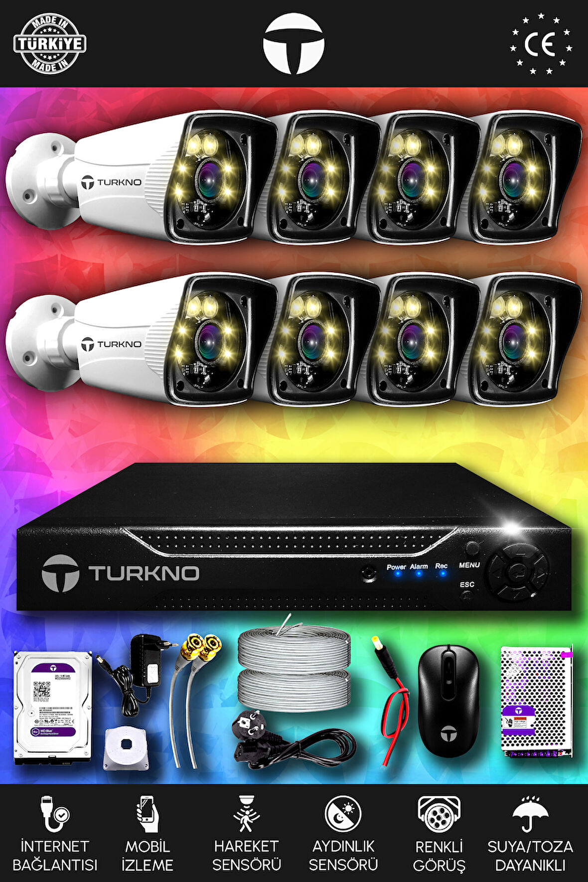 TURKNO 8 Kameralı Karie 8 Dış Kamera Set 250 GB HDD Full HD Renkli Gece Görüşlü Güvenlik Kamerası Sistemi