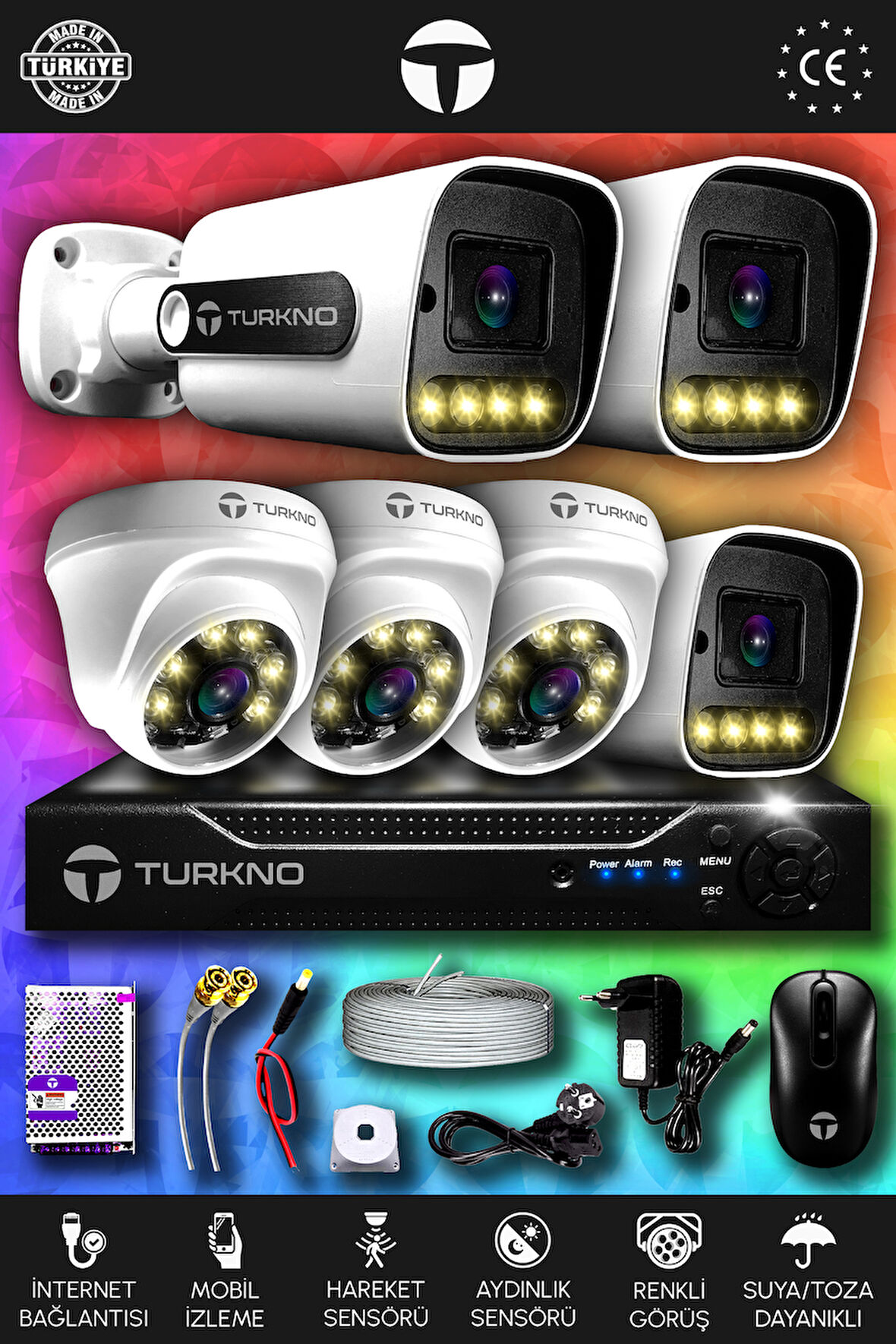 TURKNO 6 Kameralı Navie 3 İç Kamera Set HDD'siz Full HD Renkli Gece Görüşlü Güvenlik Kamerası Sistemi