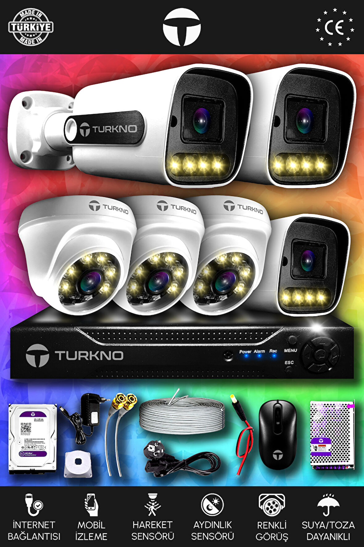 TURKNO 6 Kameralı Navie 3 İç Kamera Set 100 GB HDD Full HD Renkli Gece Görüşlü Güvenlik Kamerası Sistemi