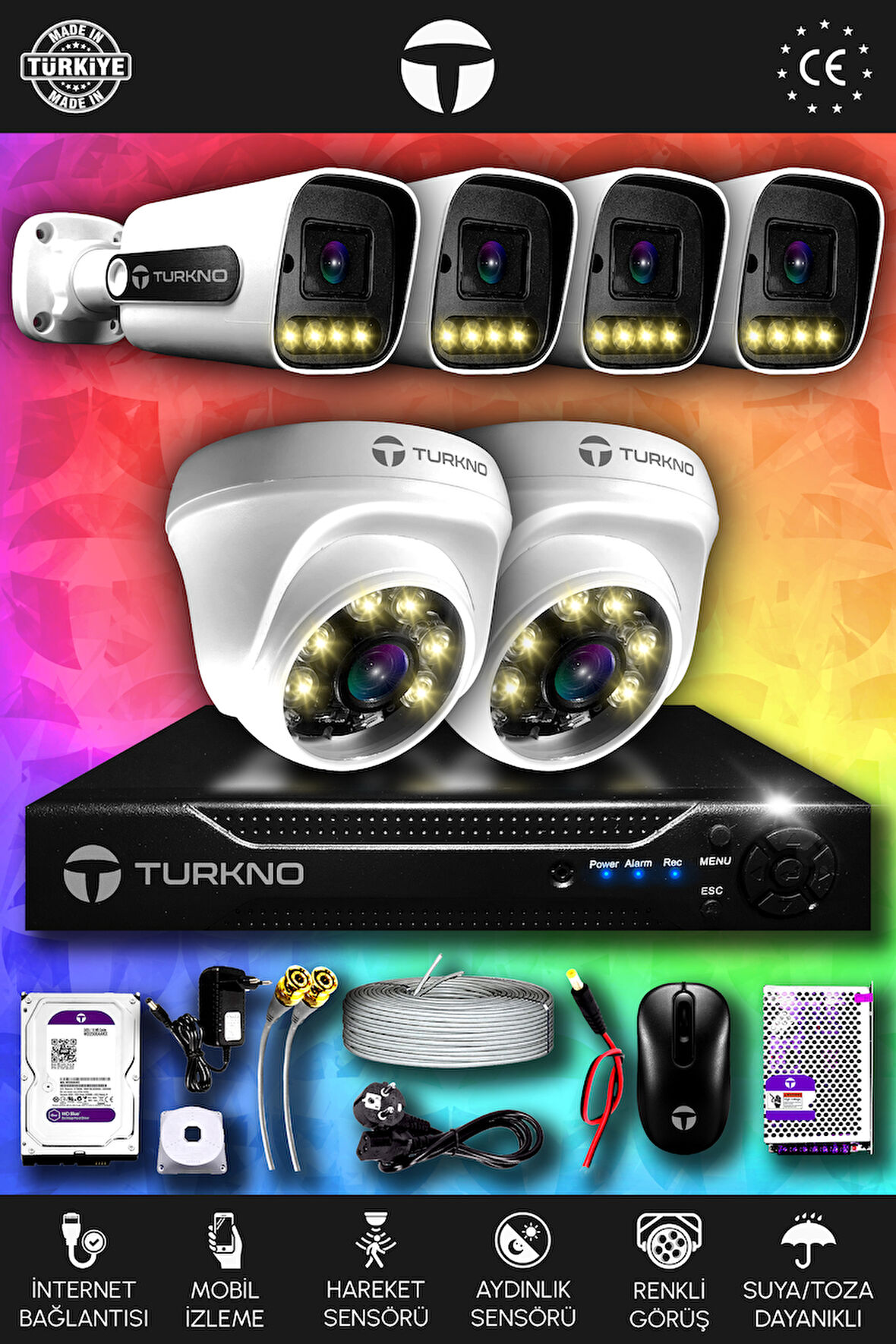 TURKNO 6 Kameralı Navie 2 İç Kamera Set 500 GB HDD Full HD Renkli Gece Görüşlü Güvenlik Kamerası Sistemi