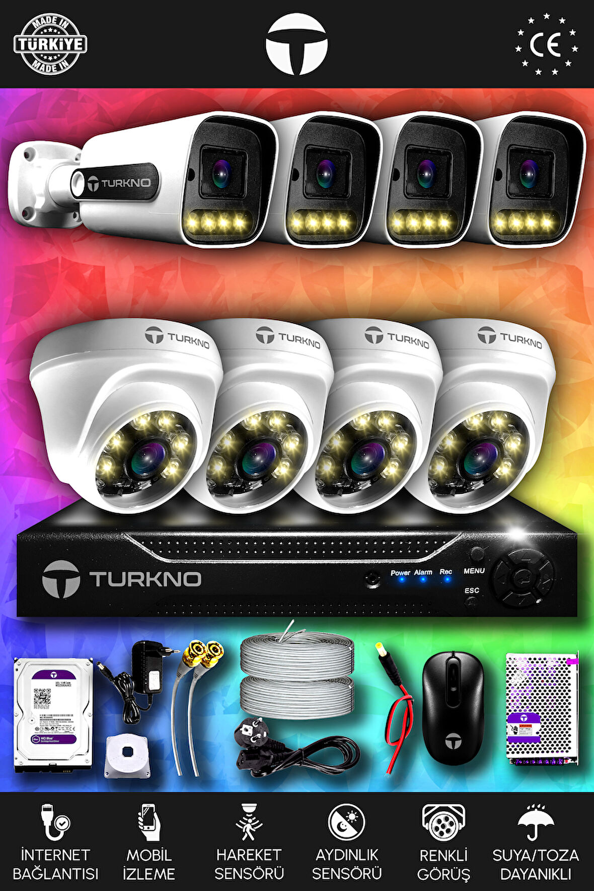 TURKNO 8 Kameralı Navie 4 İç Kamera Set 1 TB HDD Full HD Renkli Gece Görüşlü Güvenlik Kamerası Sistemi