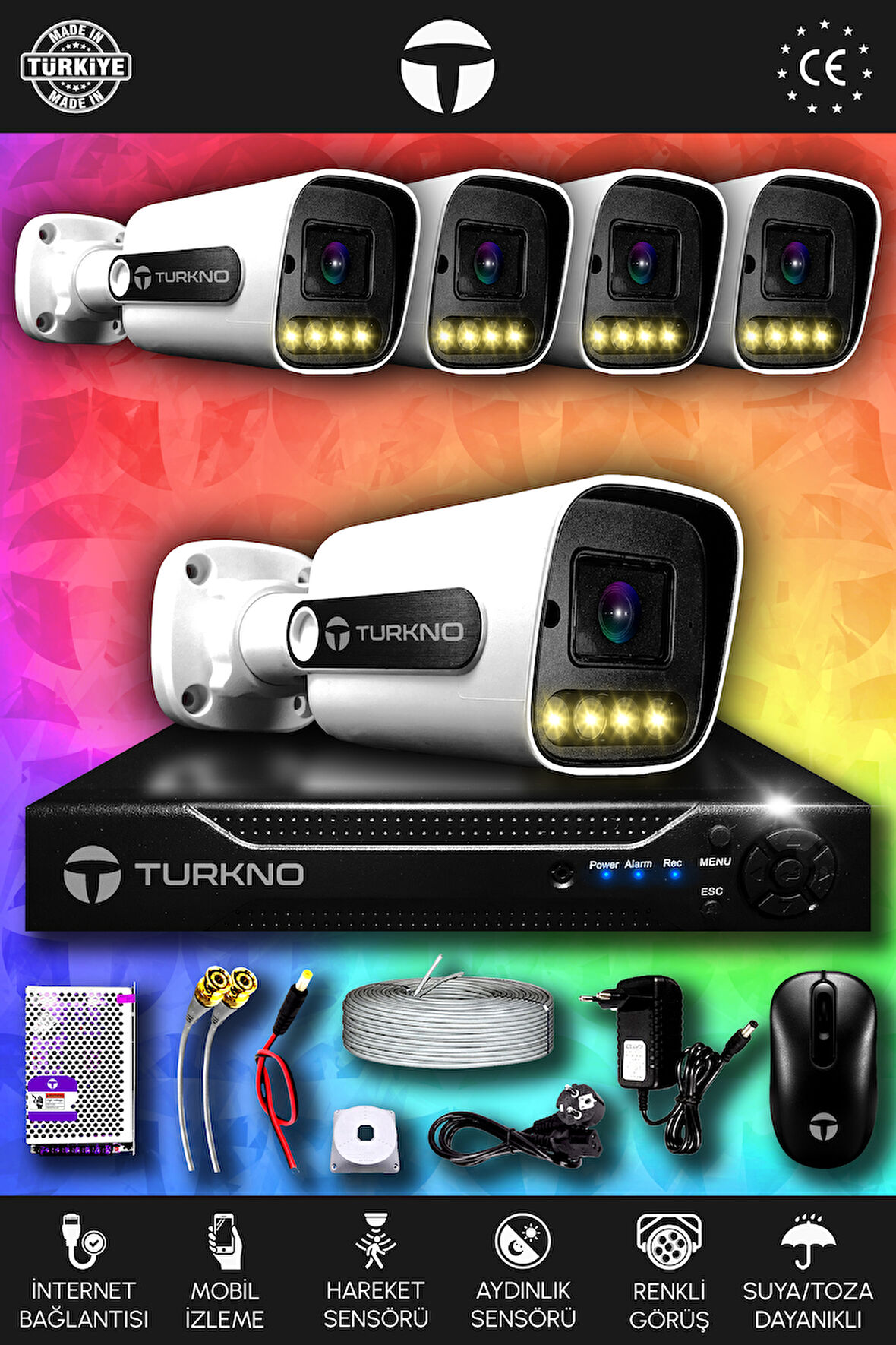 TURKNO 5 Kameralı Navie 5 Dış Kamera Set HDD'siz Full HD Renkli Gece Görüşlü Güvenlik Kamerası Sistemi