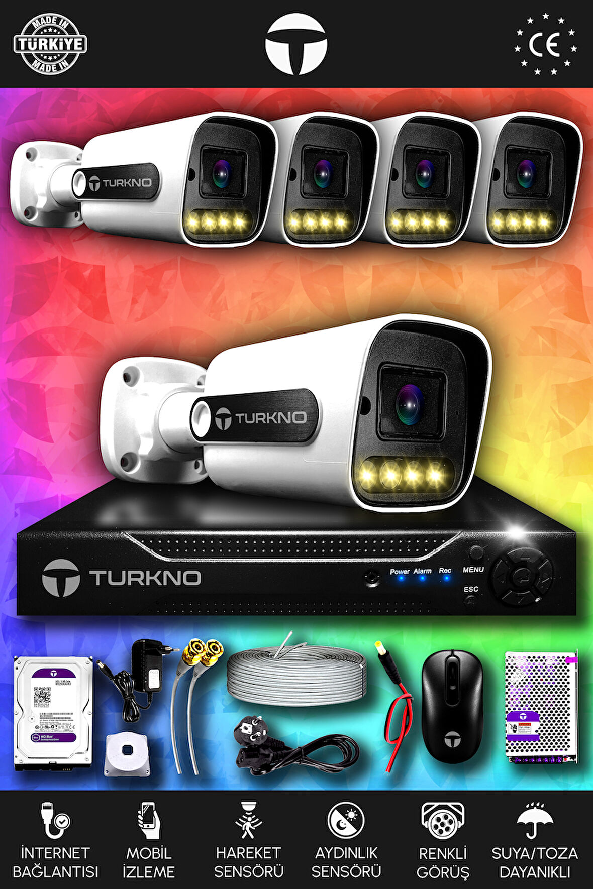 TURKNO 5 Kameralı Navie 5 Dış Kamera Set 100 GB HDD Full HD Renkli Gece Görüşlü Güvenlik Kamerası Sistemi